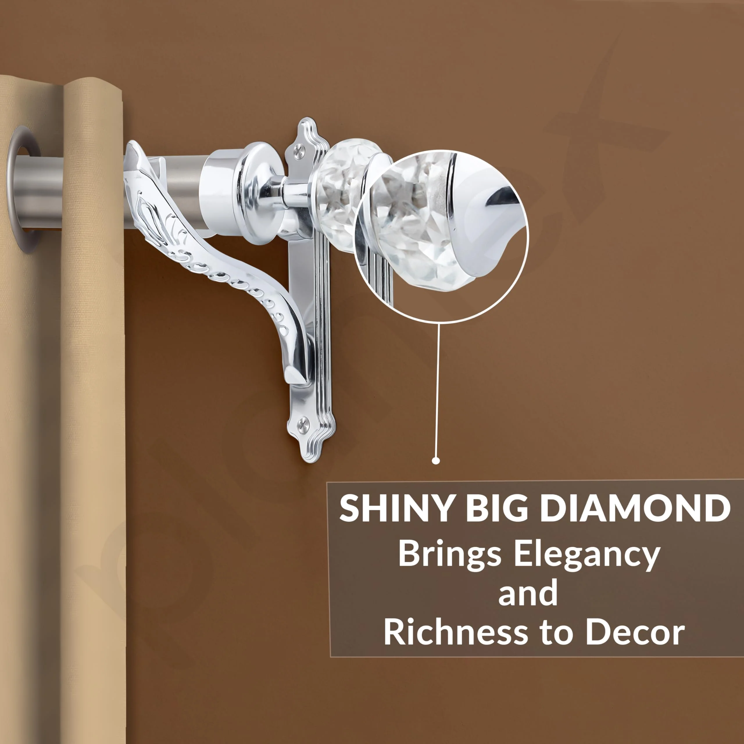Plantex Heavy Duty Aluminium Diamond Curtain Holder/Curtain Brackets/Curtains Rod Holder with Support 1 Inch Rod (Chrome - 1 Pair) - Image 5