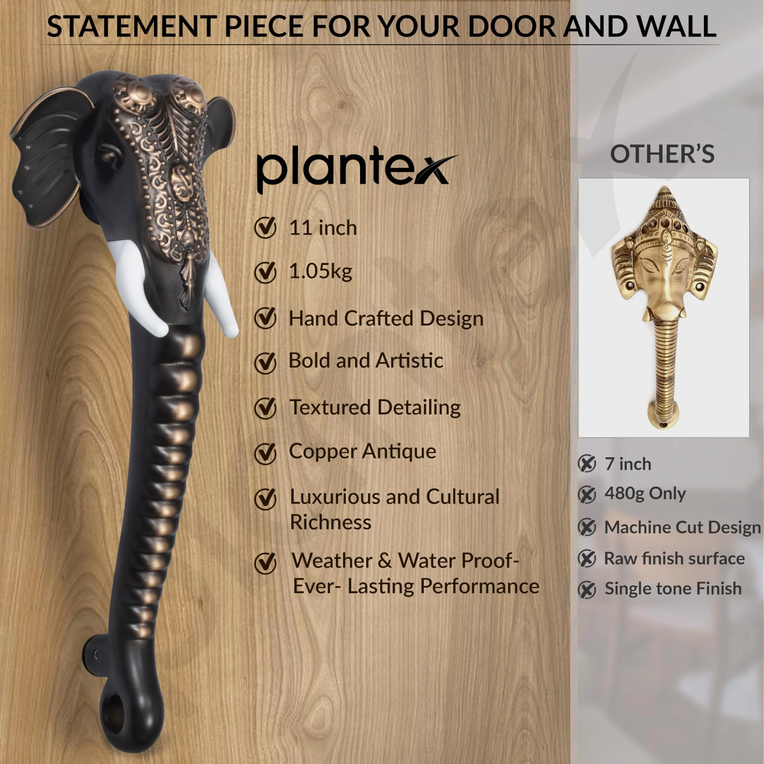 Plantex Heavy Duty Door Handle/11-inches Ganesha Main Door Handle/Door Pull Push Handle/Door & Home Decor - Pack of 1 (Copper Antique Finish) - 3 Years Warranty - Image 5