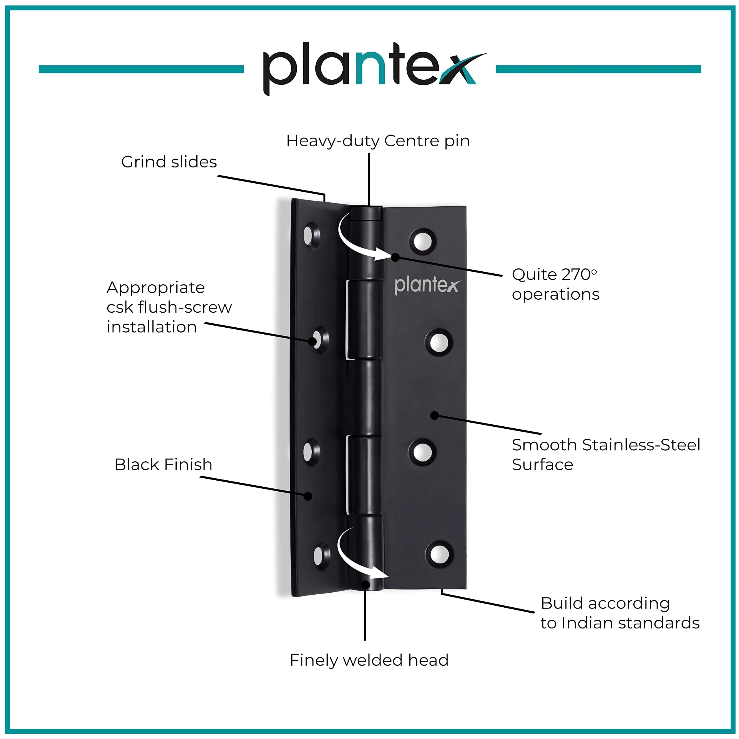 Plantex Heavy Duty Door Hinges 5 inch x 12 Gauge/2.5 mm Thickness Home/Office/Hotel for Main Door/Bedroom/Kitchen/Bathroom/Kabza - Pack of 12 (Black) - Image 4