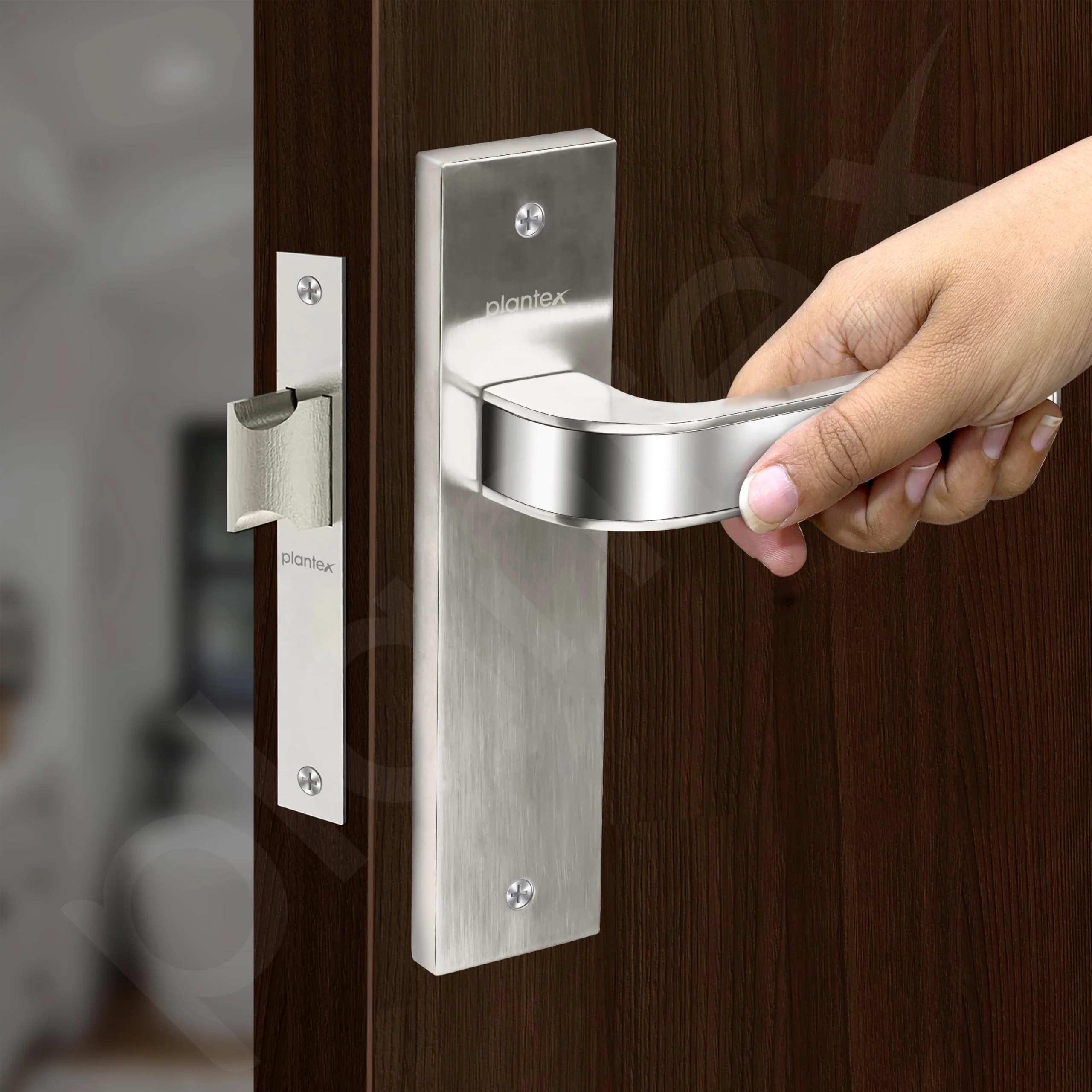 Plantex Heavy Duty Door Lock โ Bathroom Door Lock/Mortise 8inch Keyless Plate Handle Set for Home/Bathroom/Store Room/Balcony/Office with Baby Latch (8068, Steel Satin and Chrome) - Image 6
