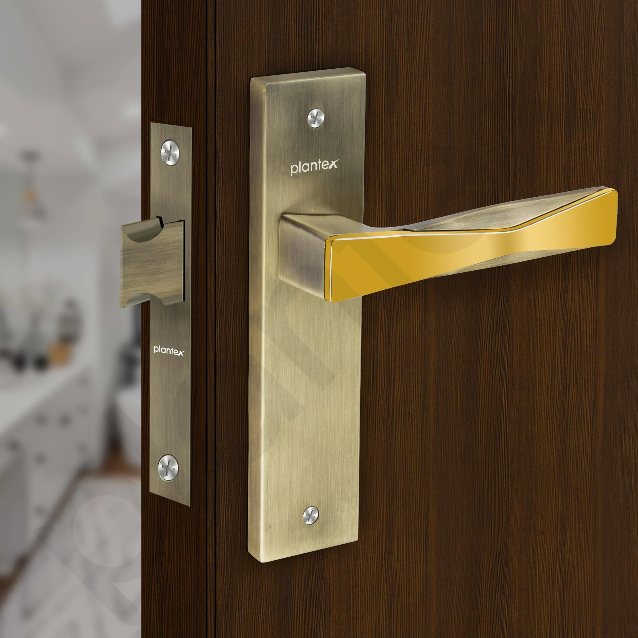 Plantex Heavy Duty Door Lock – Bathroom Door Lock/Mortise 8inch Keyless Plate Handle Set for Home/Bathroom/Store Room/Balcony/Office with Baby Latch (8085, Brass Antique & PVD Gold) - Image 4