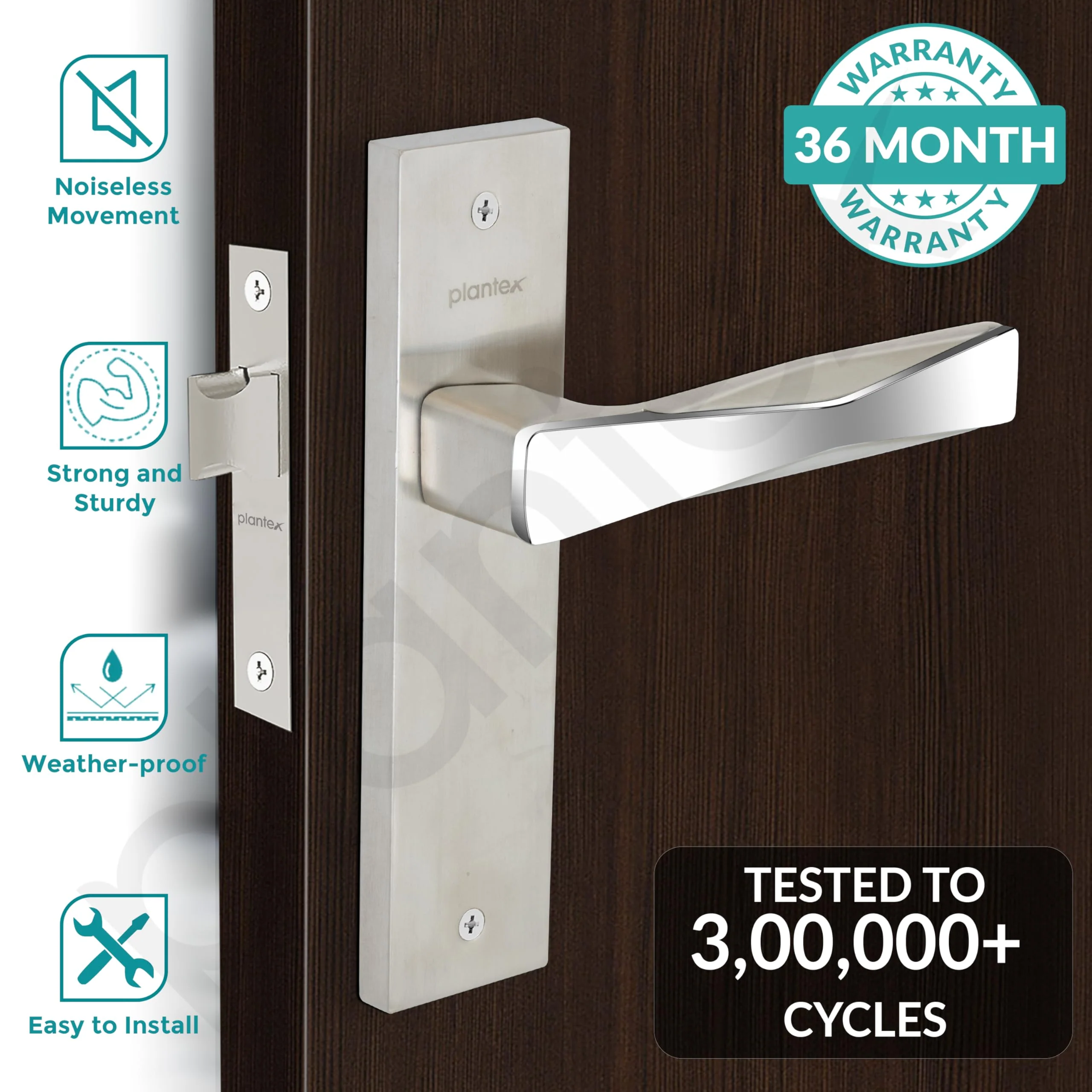 Plantex Heavy Duty Door Lock โ Bathroom Door Lock/Mortise 8inch Keyless Plate Handle Set for Home/Bathroom/Store Room/Balcony/Office with Baby Latch (8085, Steel Satin and Chrome) - Image 2