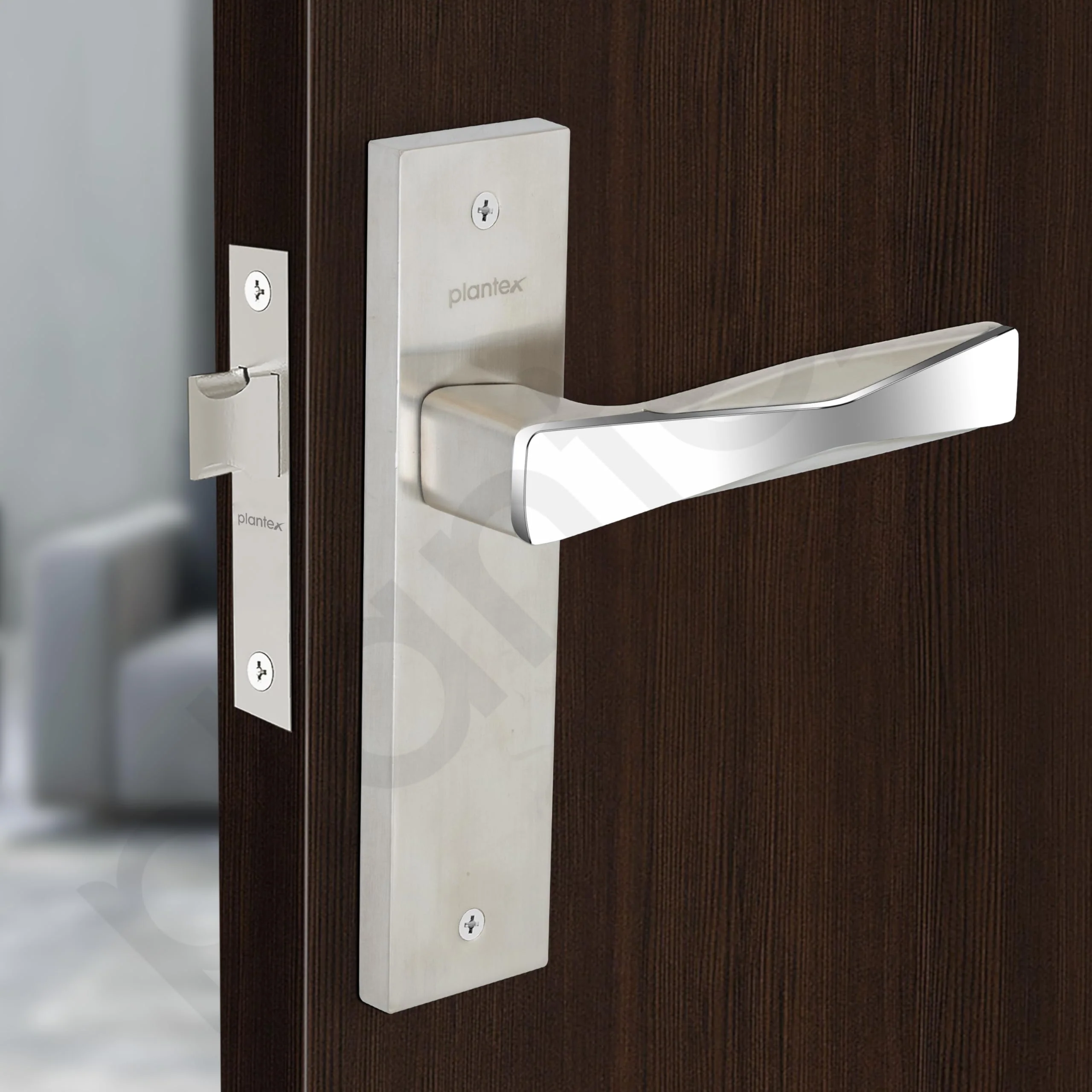Plantex Heavy Duty Door Lock โ Bathroom Door Lock/Mortise 8inch Keyless Plate Handle Set for Home/Bathroom/Store Room/Balcony/Office with Baby Latch (8085, Steel Satin and Chrome) - Image 4