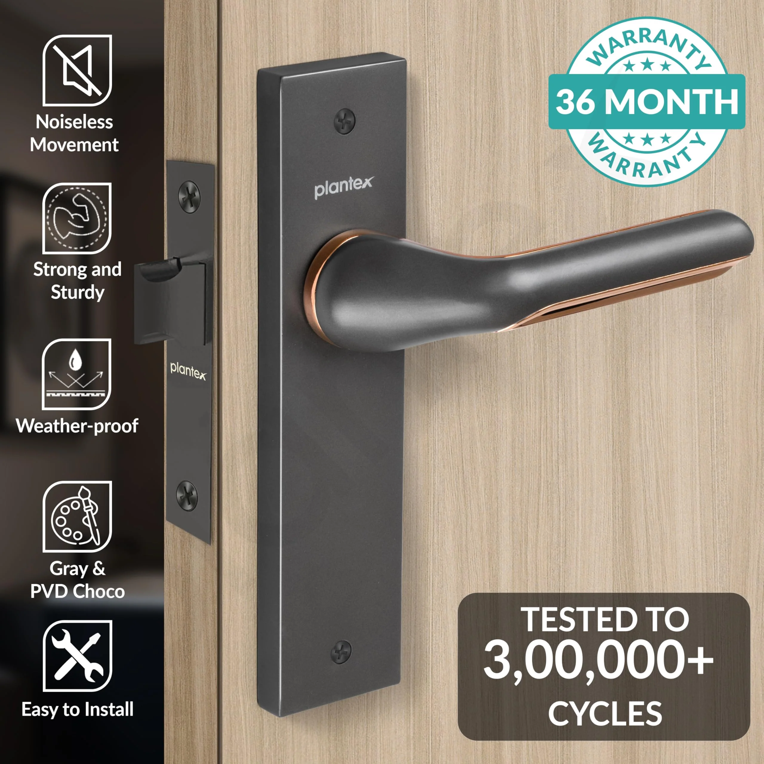 Plantex Heavy Duty Door Lock – Bathroom Door Lock/Mortise 8inch Keyless Plate Handle Set for Home/Bathroom/Store Room/Balcony/Office with Baby Latch (8121, Grey & PVD Choco) - Image 2