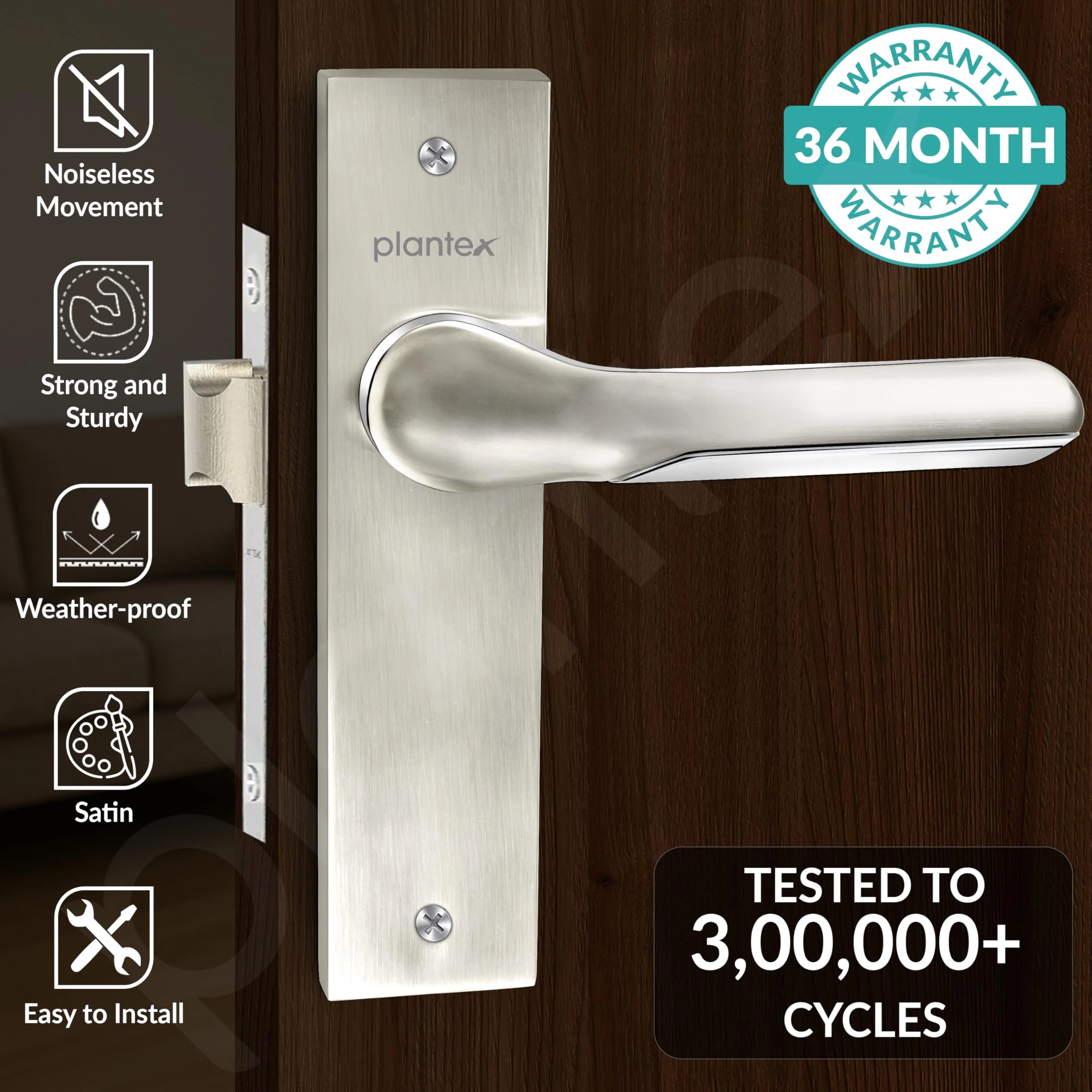 Plantex Heavy Duty Door Lock – Bathroom Door Lock/Mortise 8inch Keyless Plate Handle Set for Home/Bathroom/Store Room/Balcony/Office with Baby Latch (8121, Steel Satin and Chrome) - Image 2
