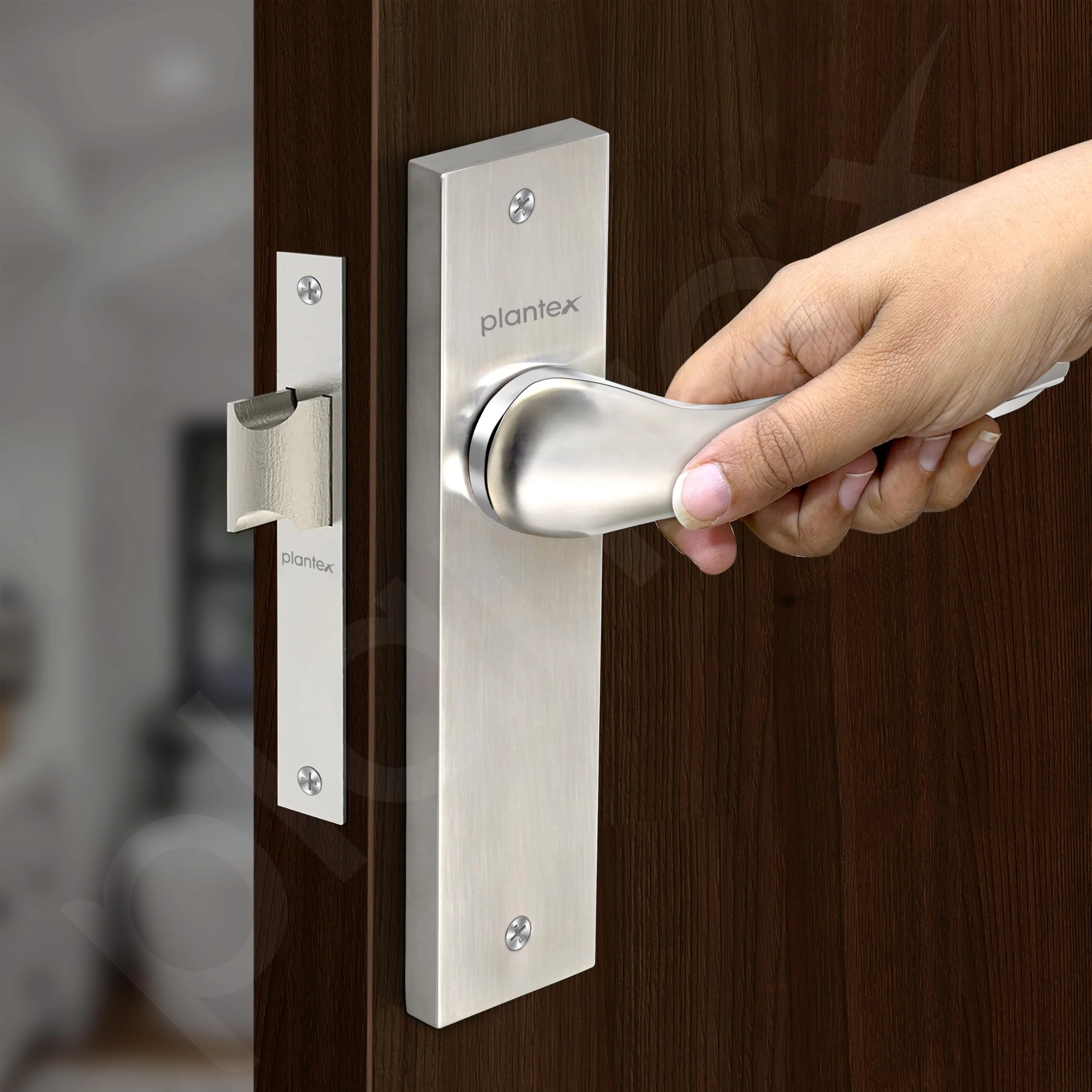 Plantex Heavy Duty Door Lock – Bathroom Door Lock/Mortise 8inch Keyless Plate Handle Set for Home/Bathroom/Store Room/Balcony/Office with Baby Latch (8121, Steel Satin and Chrome) - Image 4