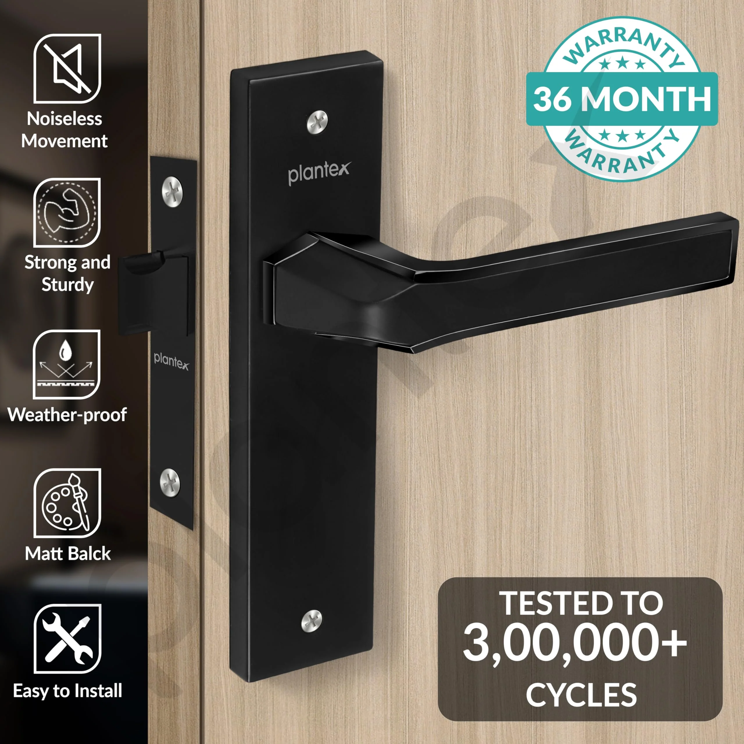 Plantex Heavy Duty Door Lock – Bathroom Door Lock/Mortise 8inch Keyless Plate Handle Set for Home/Bathroom/Store Room/Balcony/Office with Baby Latch (8126, DC-Black & Z-Black) - Image 2