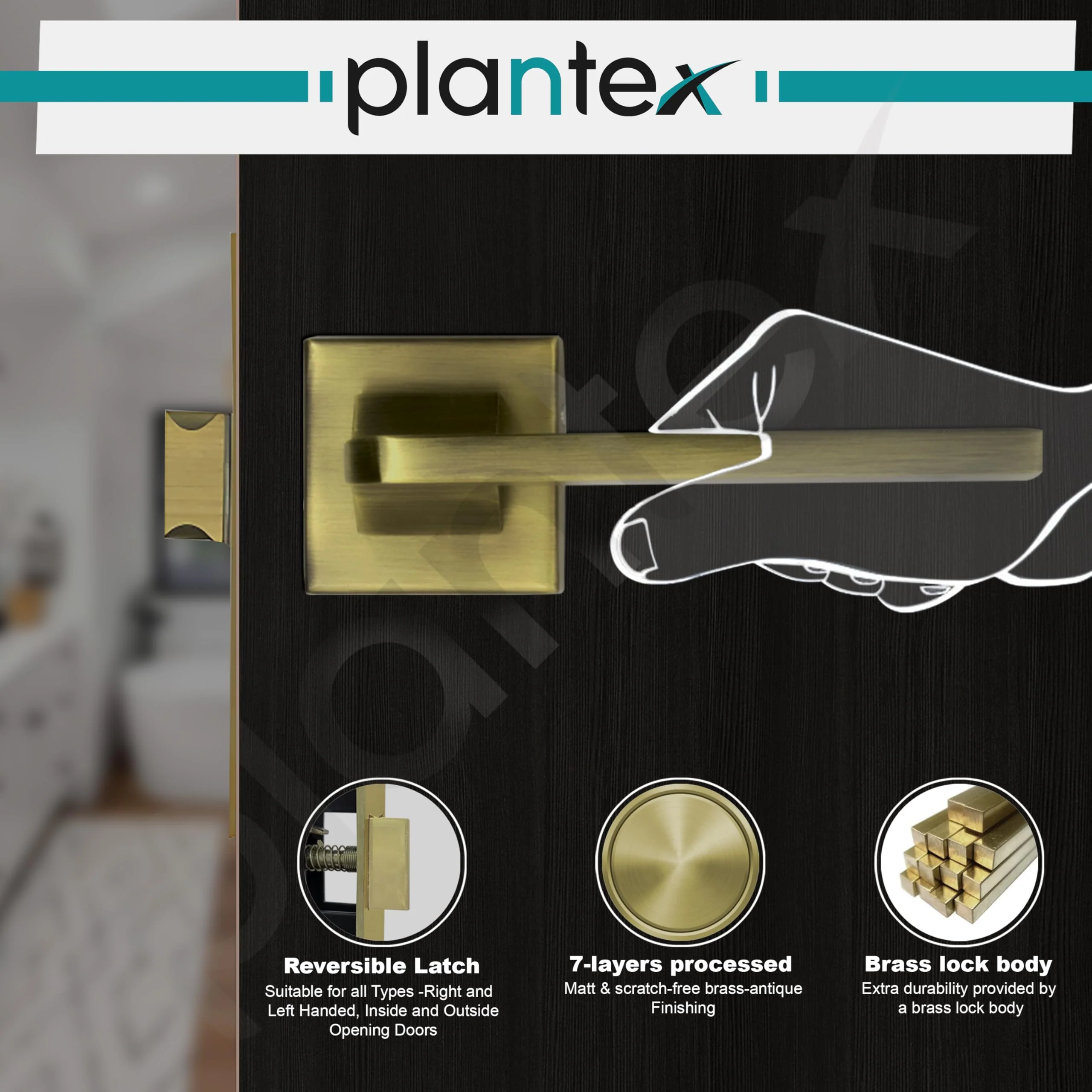 Plantex Heavy Duty Door Lock – Bathroom Door Lock/Mortise Keyless Handle Set for Home/Bathroom/Store Room/Balcony/Office with Baby Latch (605 - Brass Antique) - Image 4