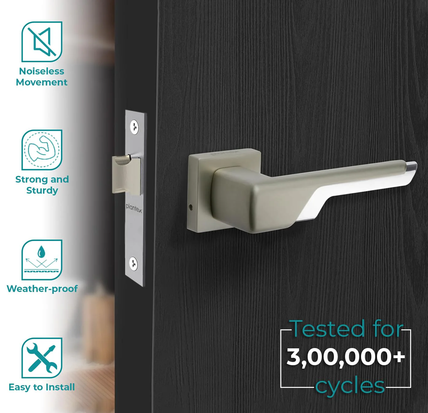 Plantex Heavy Duty Door Lock – Bathroom Door Lock/Mortise Keyless Handle Set for Home/Bathroom/Store Room/Balcony/Office with Baby Latch (7093 – Satin White & Chrome Finish) - Image 2