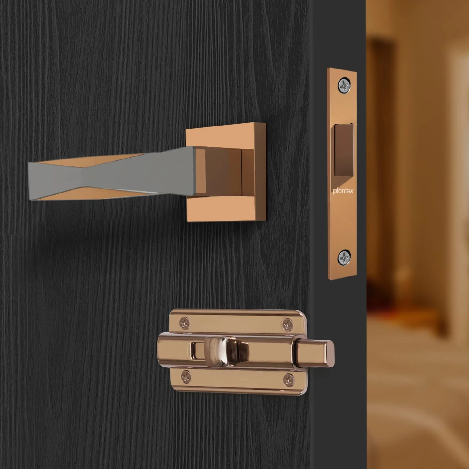 Plantex Heavy Duty Door Lock for Bathroom/Mortise Keyless Door Lock for Store Room/Balcony/Office with Baby Latch (7085 - PVD Choco & Satin Black Matt Finish) - Image 3