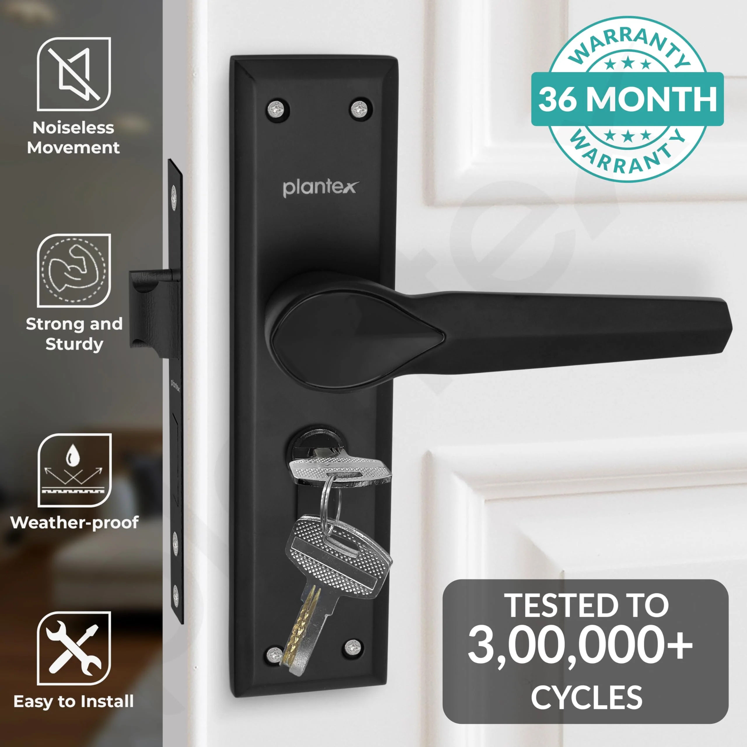 Plantex Heavy-Duty Door Lock/Main Door Lock Handle Set/6-Lever Lock Mechanism Mortise Lock with 3 Keys/Brass Lock Body & Cylinder (PTP-07, Black) - Image 2