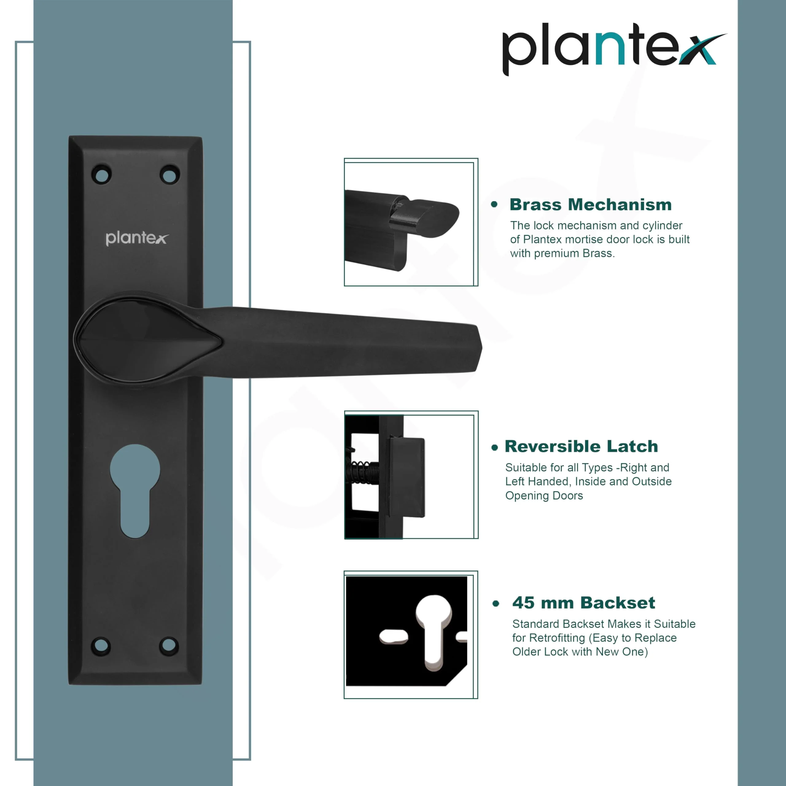 Plantex Heavy-Duty Door Lock/Main Door Lock Handle Set/6-Lever Lock Mechanism Mortise Lock with 3 Keys/Brass Lock Body & Cylinder (PTP-07, Black) - Image 4