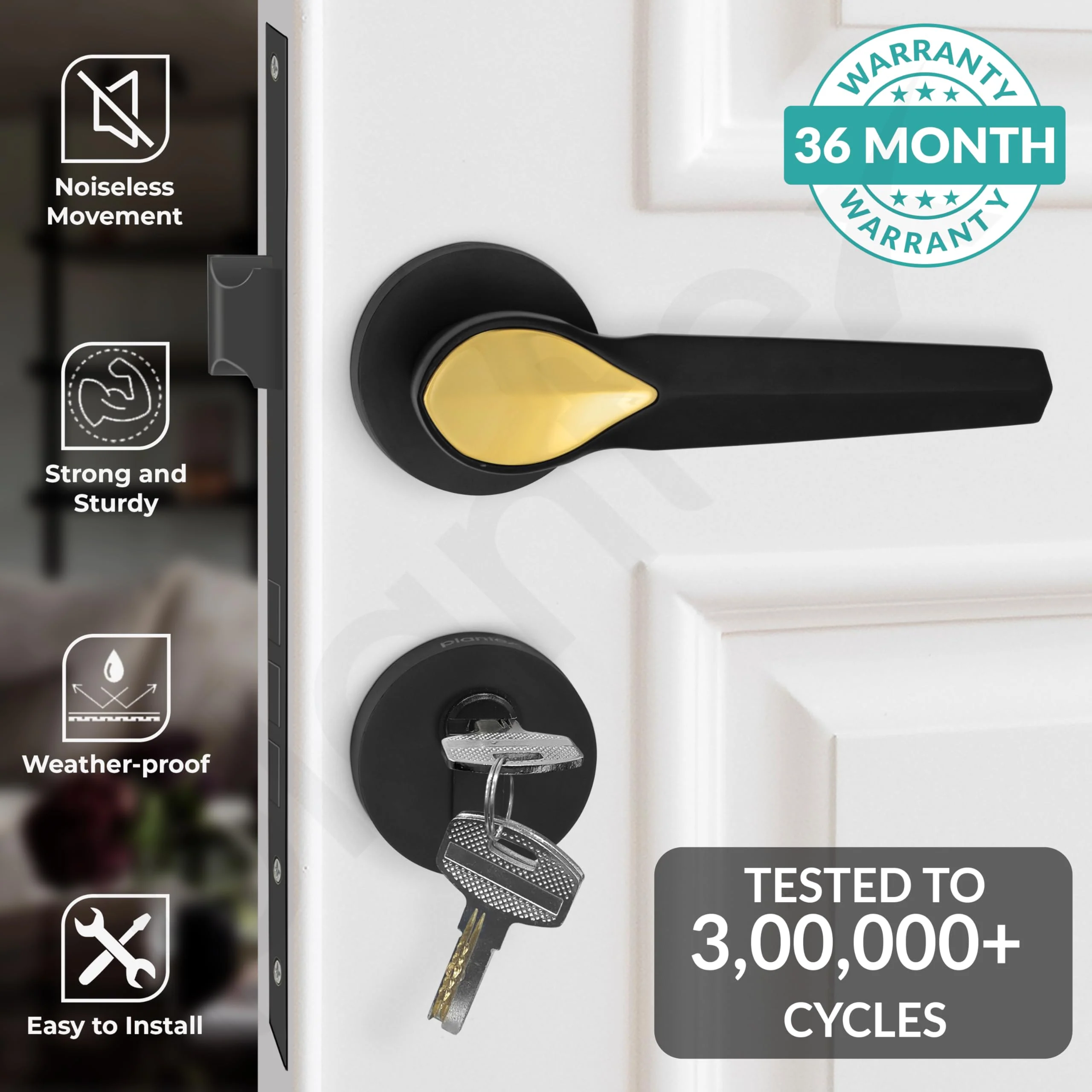 Plantex Heavy Duty Door Lock/Main Door Mortise Lock Handle/Handle Set for Home/Office (PT-012, Gold & Black) - Image 2