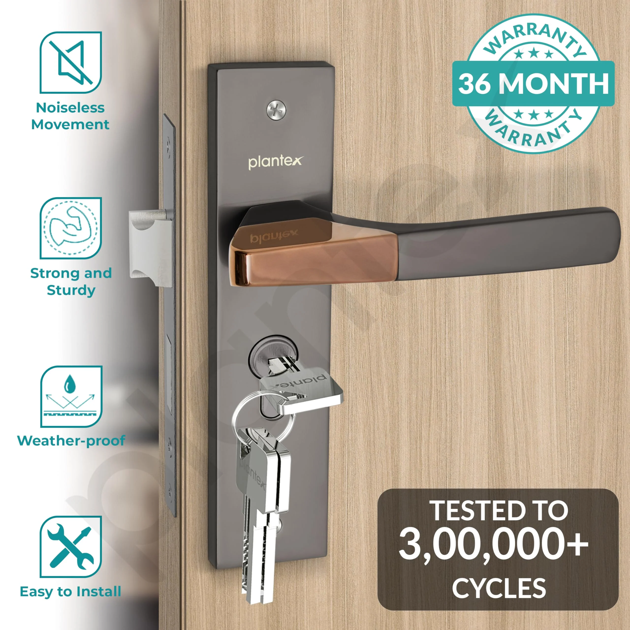 Plantex Heavy-Duty Door Lock Set - Main Door Handle Set/ 6-Lever Lock Mechanism with 3 Years of Warranty by Plantex/Mortise, Brass Lock Body & Cylinder (8114 - Satin Black & PVD Choco) - Image 2