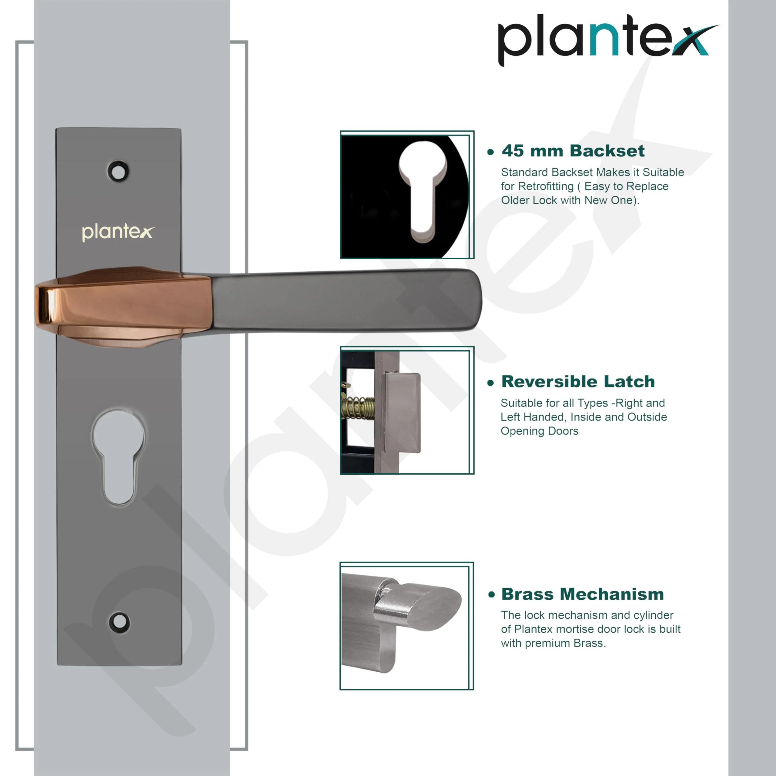 Plantex Heavy-Duty Door Lock Set - Main Door Handle Set/ 6-Lever Lock Mechanism with 3 Years of Warranty by Plantex/Mortise, Brass Lock Body & Cylinder (8114 - Satin Black & PVD Choco) - Image 4