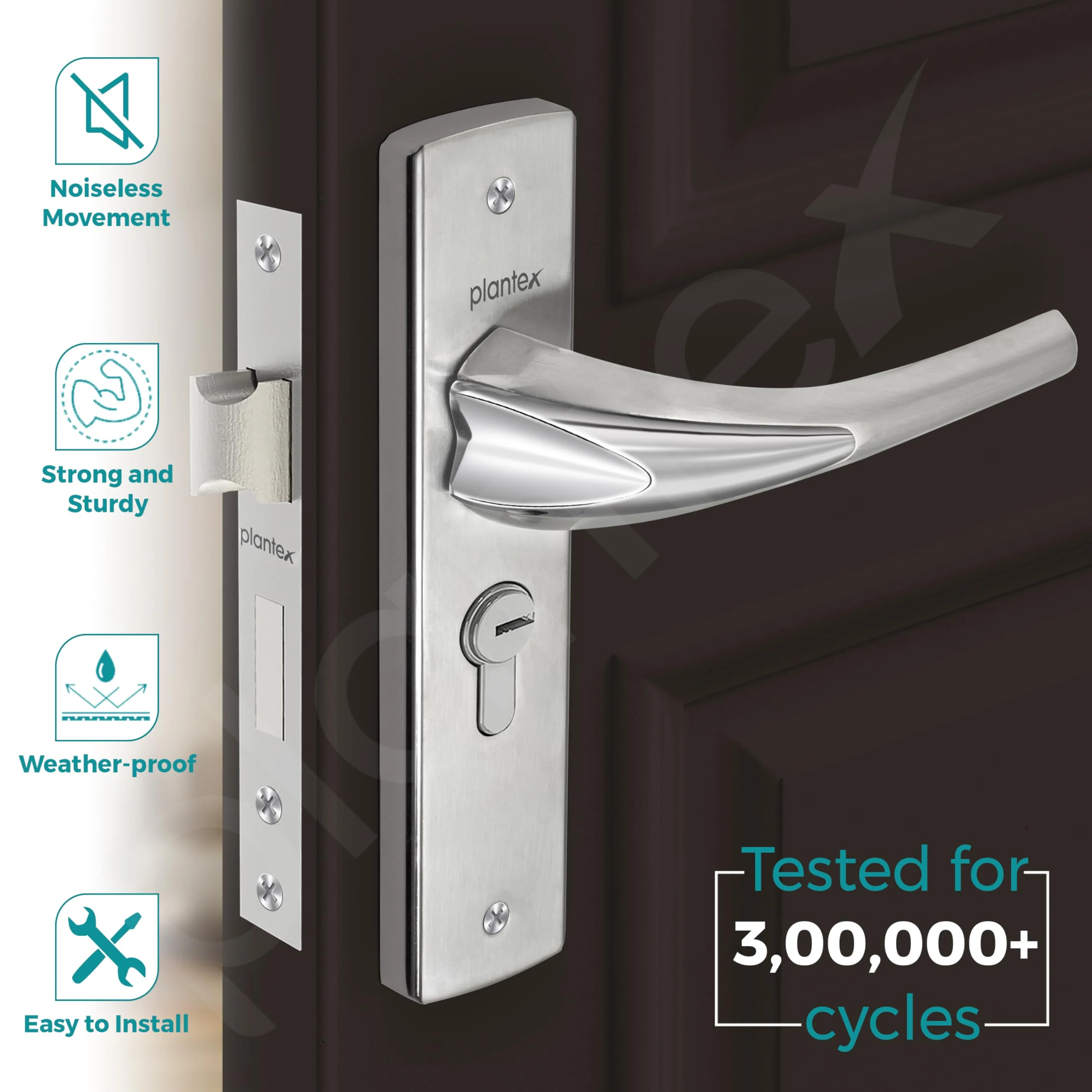 Plantex Heavy-Duty Door Lock Set - Main Door Lock Handle Set/ 6-Lever Lock Mechanism with 3 Years of Warranty/Mortise Lock with 3 Keys, Brass Lock Body & Cylinder ((8026 - Chrome & Matt) - Image 2