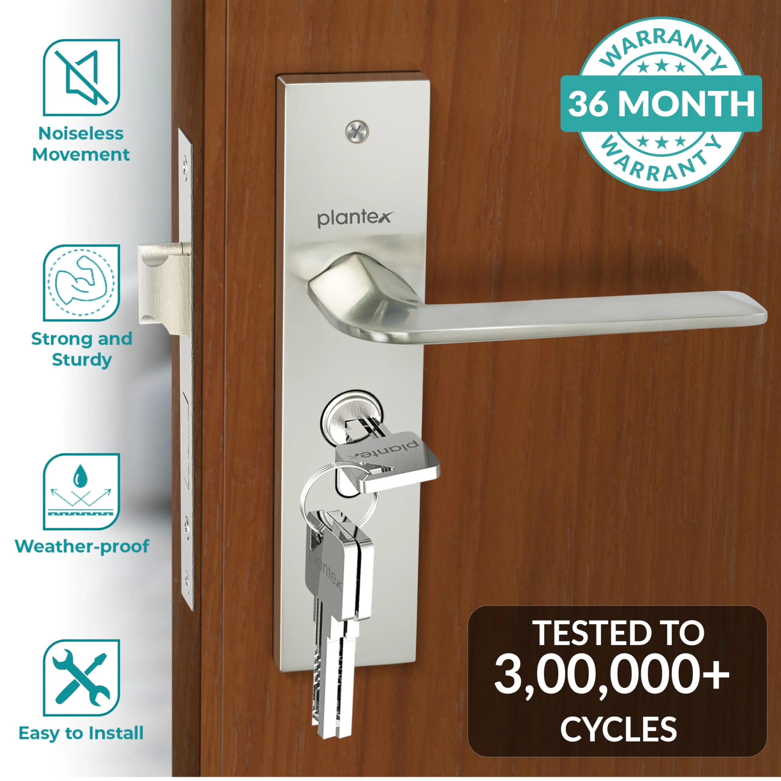 Plantex Heavy-Duty Door Lock Set - Main Door Lock Handle Set/ 6-Lever Lock Mechanism with 3 Years of Warranty/Mortise Lock with 3 Keys, Brass Lock Body & Cylinder(8105 - Matt) - Image 2