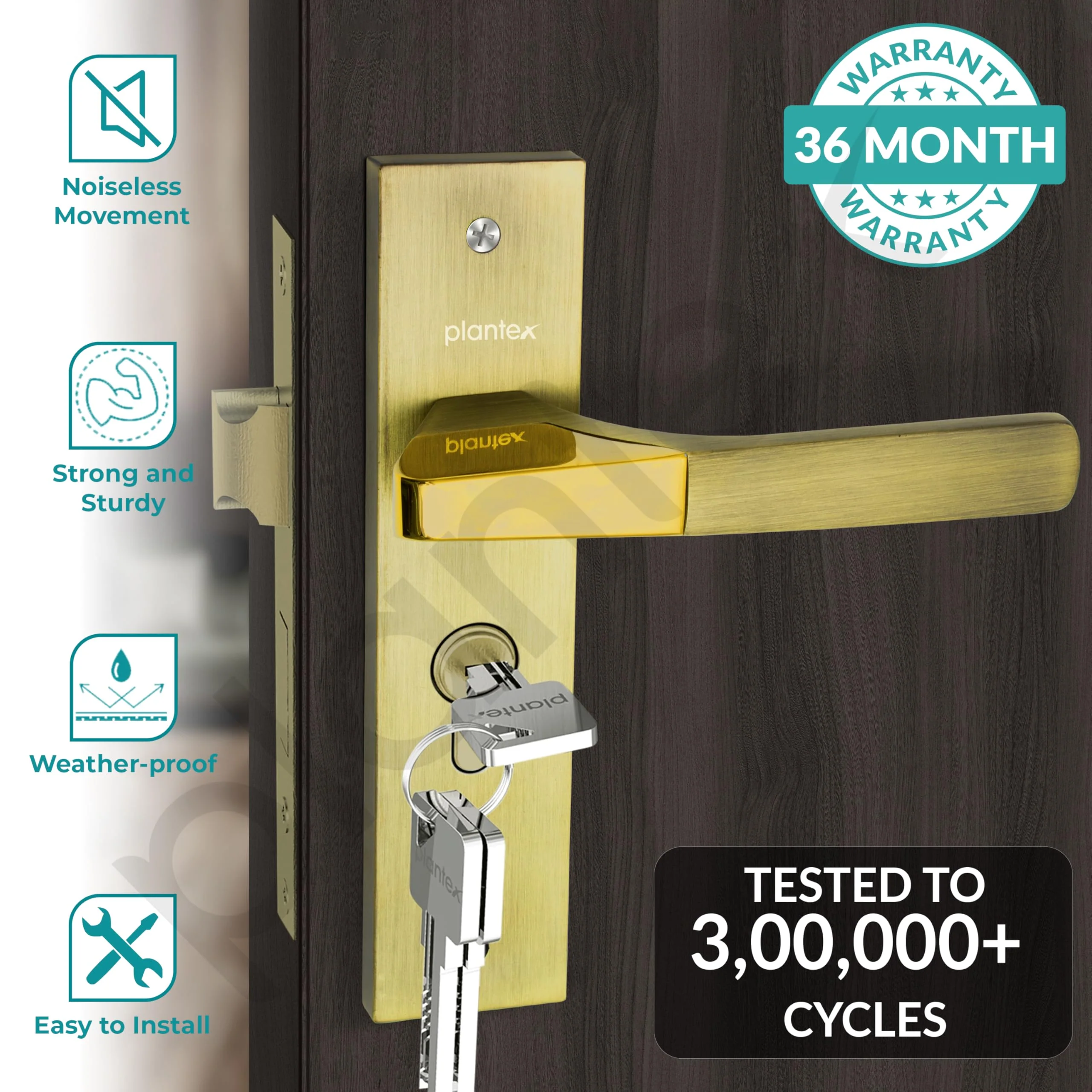 Plantex Heavy-Duty Door Lock Set - Main Door Lock Handle Set/ 6-Lever Lock Mechanism with 3 Years of Warranty/Mortise Lock with 3 Keys, Brass Lockbody & Cylinder(8114 - Brass Antique & PVD Gold) - Image 2