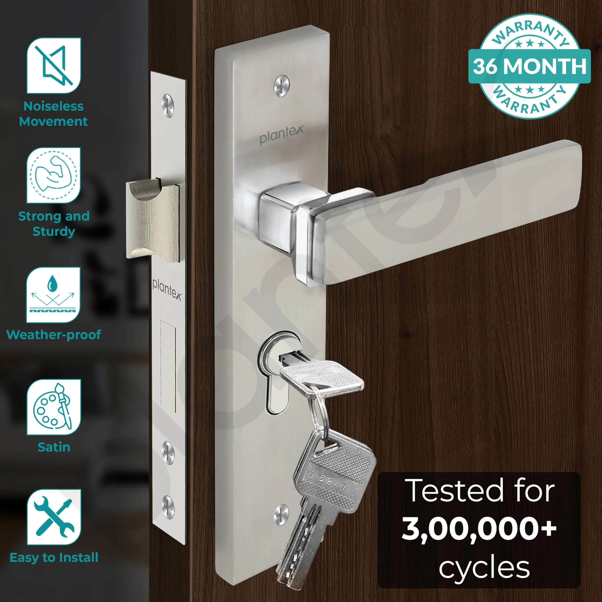 Plantex Heavy-Duty Door Lock Set - Main Door Lock Handle Set/Mortise Lock with 3 Keys, Brass Lock Body & Cylinder (8116 - Steel Satin & Chrome) - Image 2