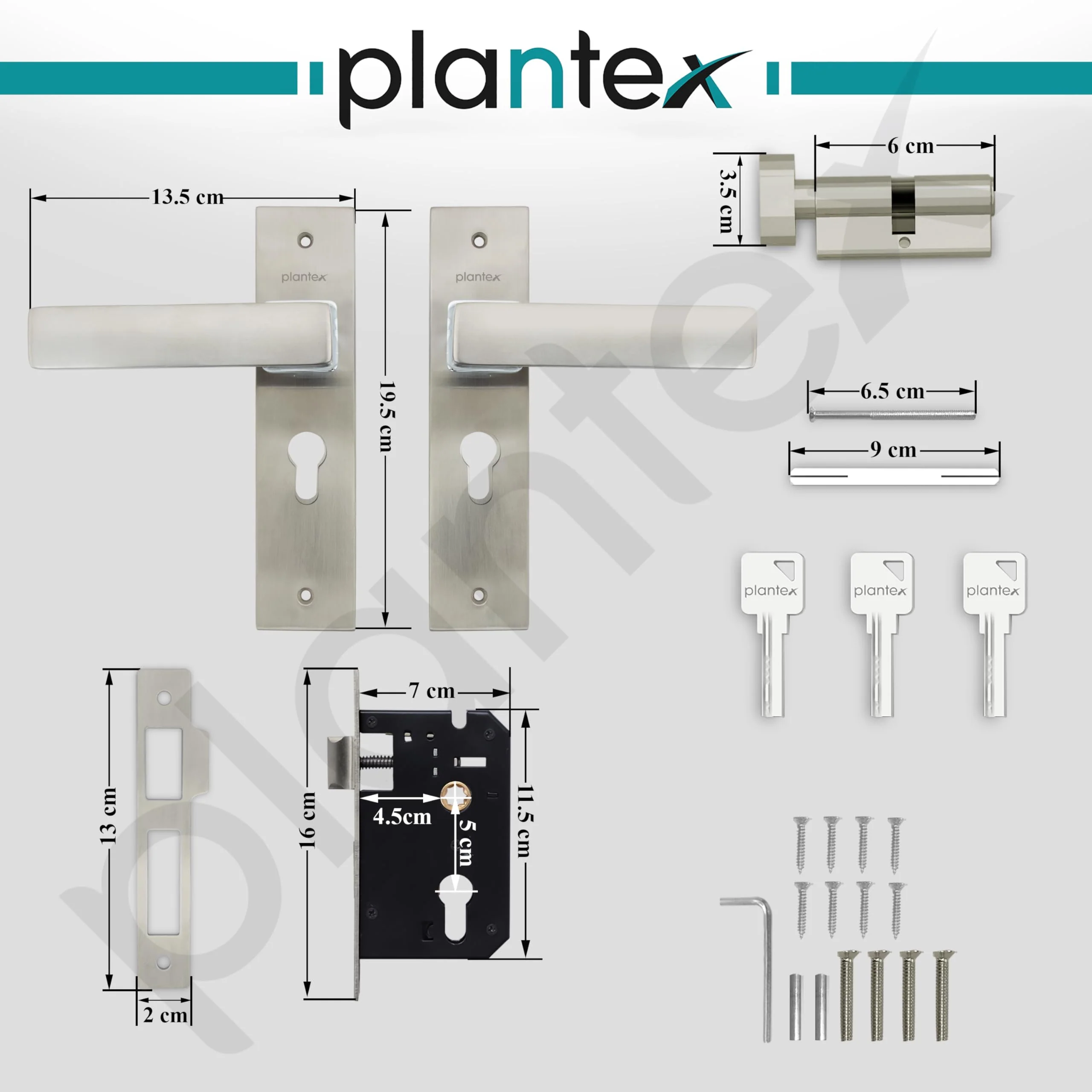 Plantex Heavy-Duty Door Lock Set - Main Door Lock Handle Set/Mortise Lock with 3 Keys, Brass Lock Body & Cylinder (8116 - Steel Satin & Chrome) - Image 3