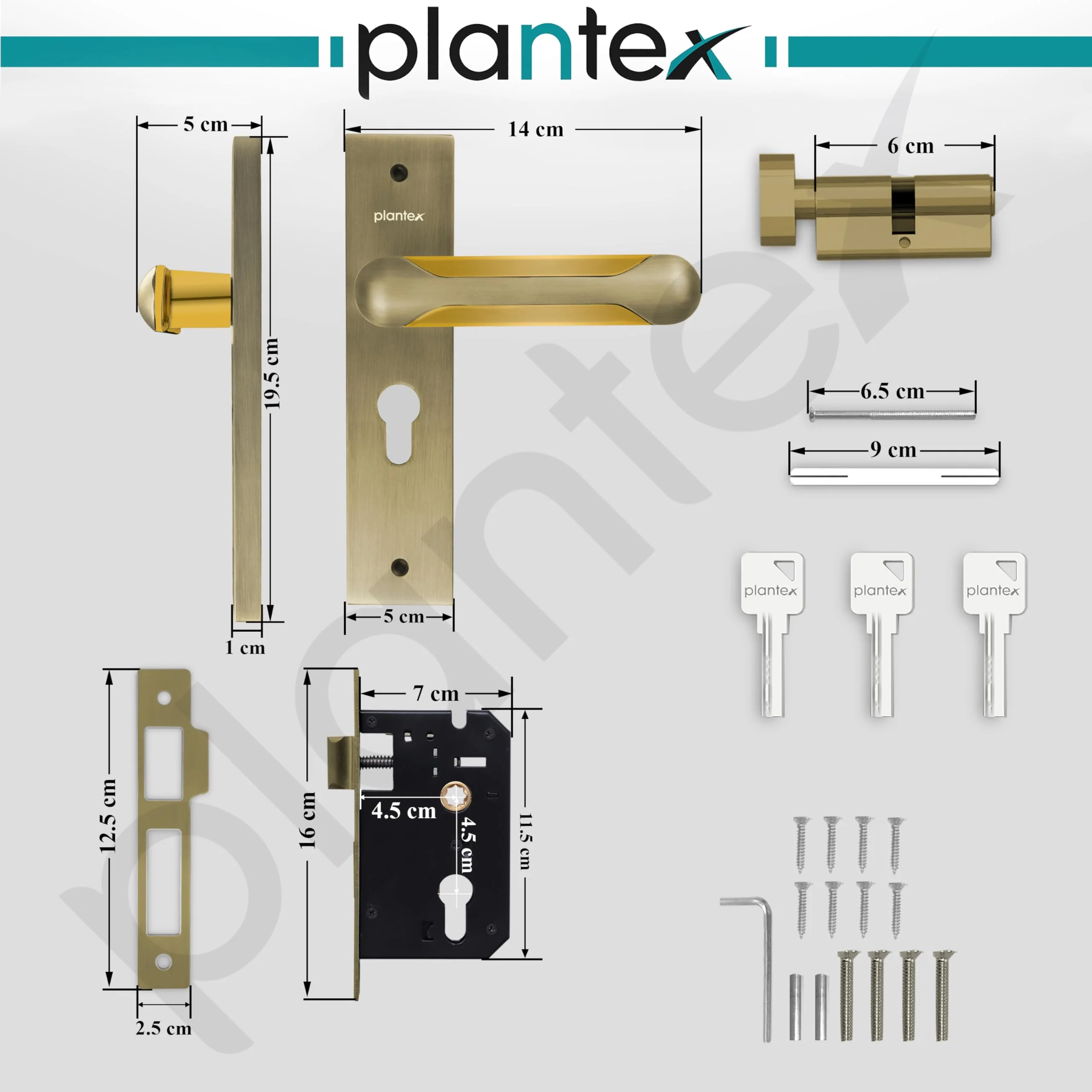 Plantex Heavy-Duty Door Lock Set - Main Door Lock Handle Set/Mortise Lock with 3 Keys, Brass Lock Body & Cylinder (8124 - Brass Antique & PVD Gold) - Image 3
