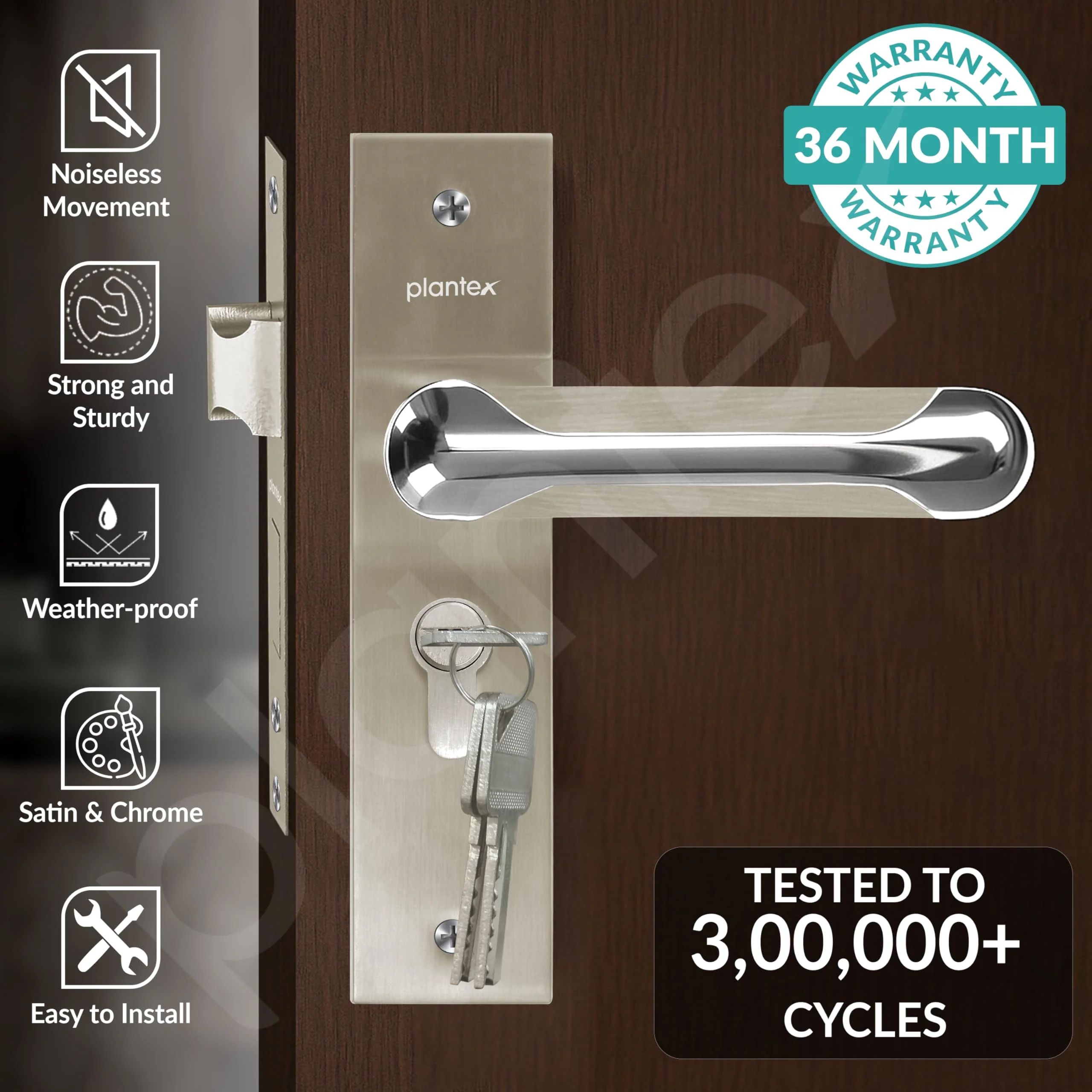 Plantex Heavy-Duty Door Lock Set - Main Door Lock Handle Set/Mortise Lock with 3 Keys, Brass Lock Body & Cylinder (8124 - Steel Satin & Chrome) - Image 2
