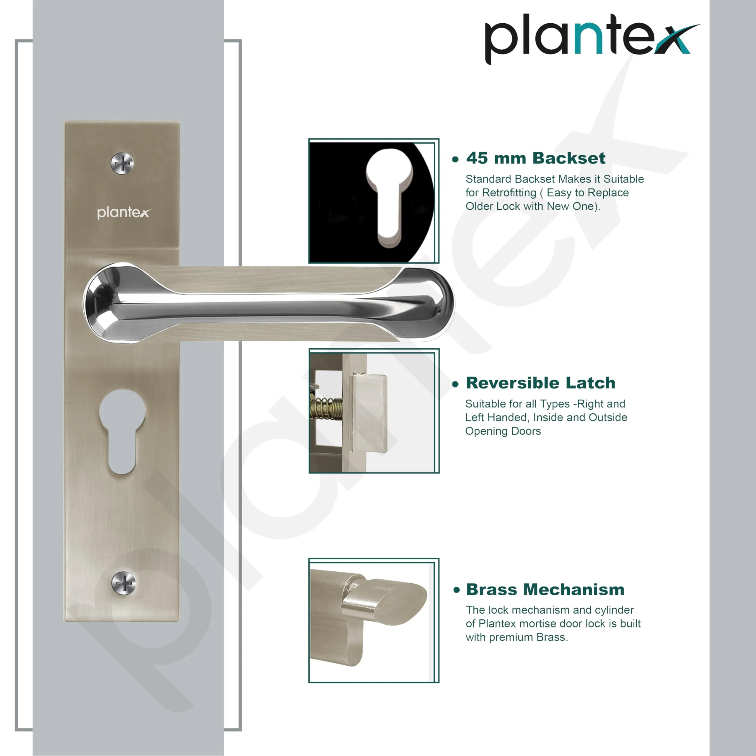 Plantex Heavy-Duty Door Lock Set - Main Door Lock Handle Set/Mortise Lock with 3 Keys, Brass Lock Body & Cylinder (8124 - Steel Satin & Chrome) - Image 6