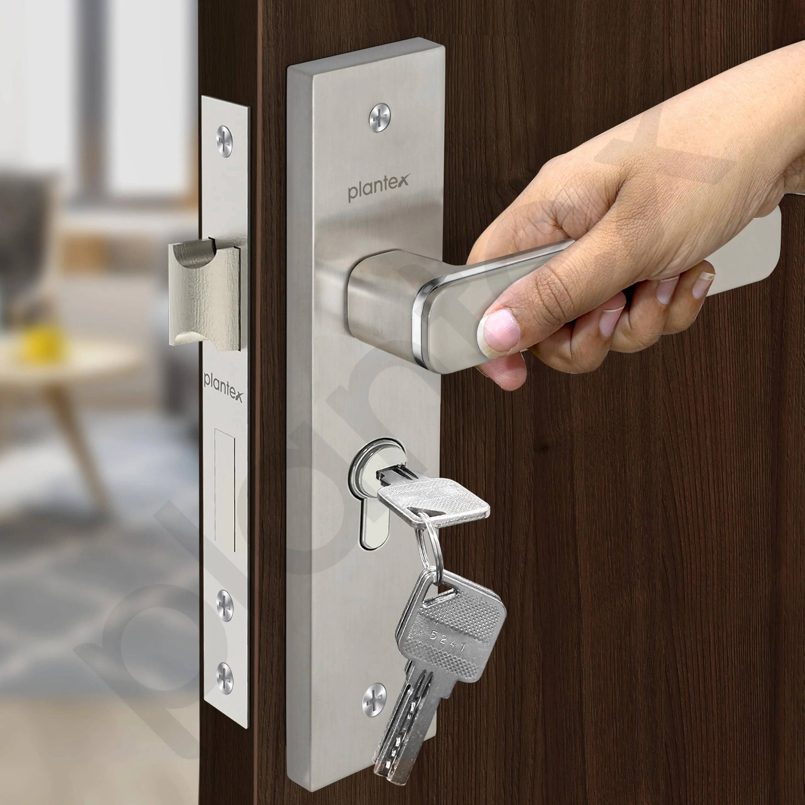 Plantex Heavy-Duty Door Lock Set - Main Door Lock Handle Set/Mortise Lock with 3 Keys, Brass Lock Body & Cylinder (8125 - Steel Satin & Chrome) - Image 7