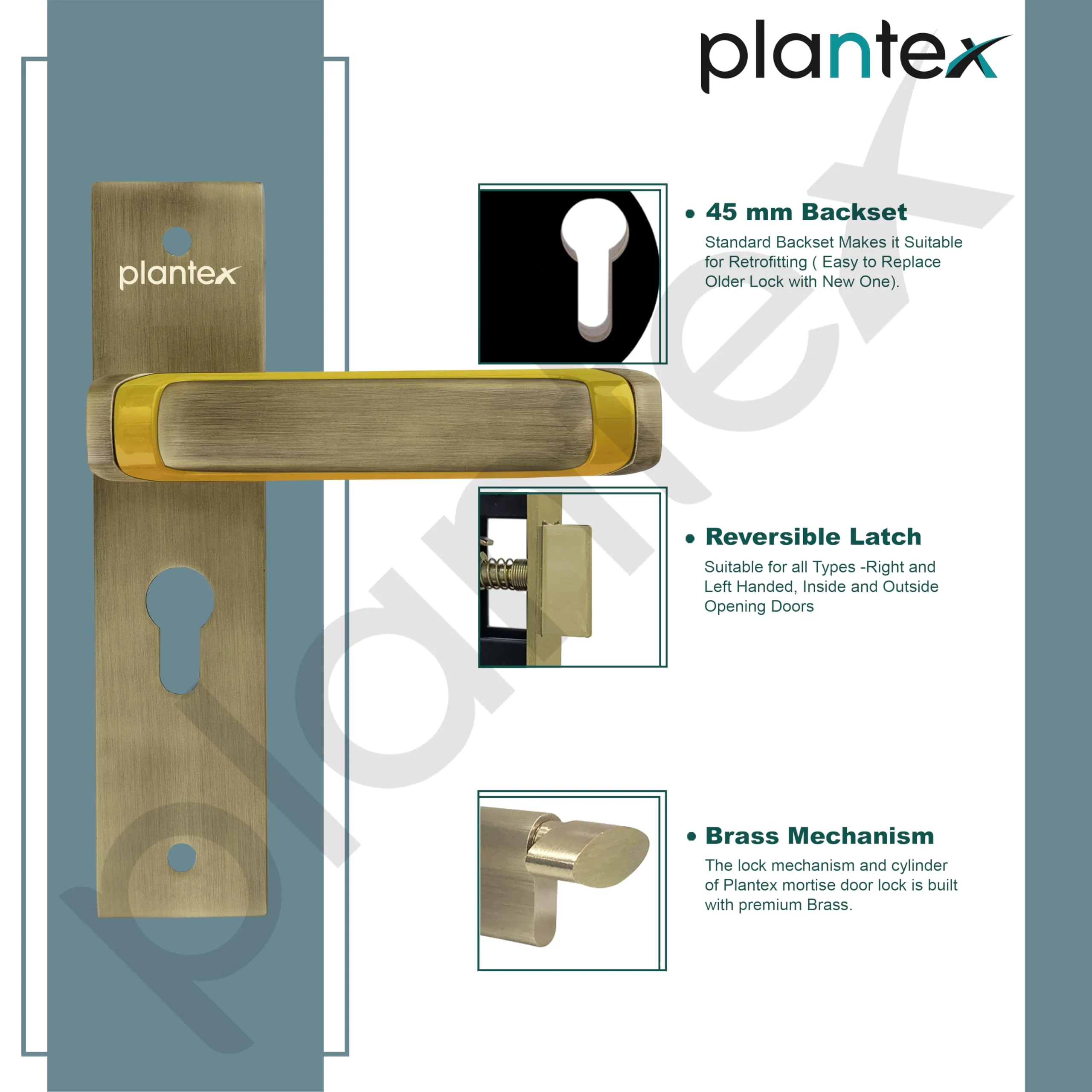 Plantex Heavy-Duty Door Lock Set - Main Door Lock Handle Set/Mortise Lock with 3 Keys, Brass Lock Body & Cylinder (8127 - Brass Antique & PVD Gold) - Image 6