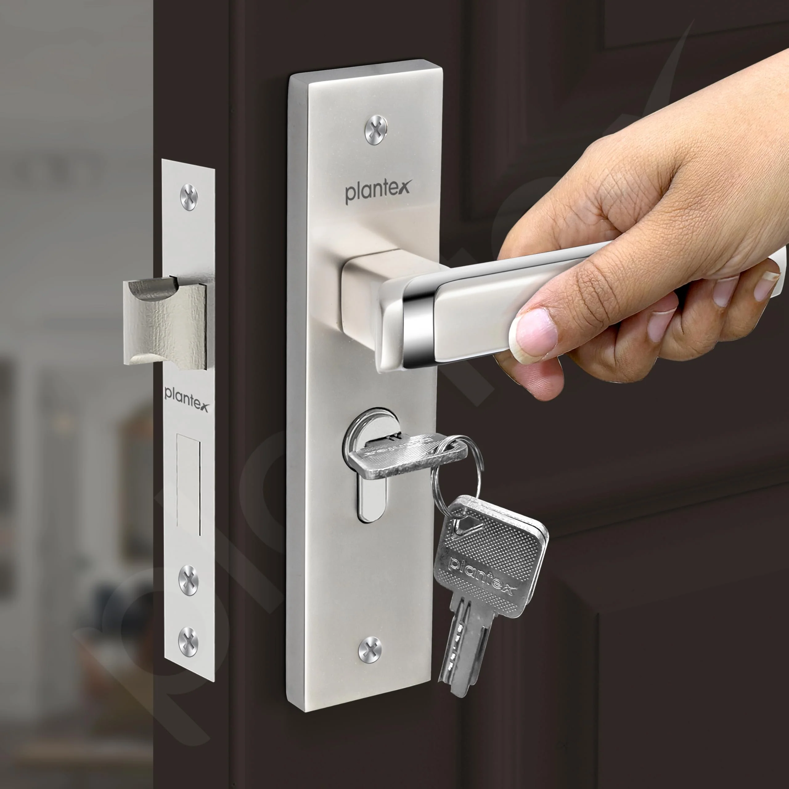 Plantex Heavy-Duty Door Lock Set - Main Door Lock Handle Set/Mortise Lock with 3 Keys, Brass Lock Body & Cylinder (8127 - Satin White & Chrome) - Image 7