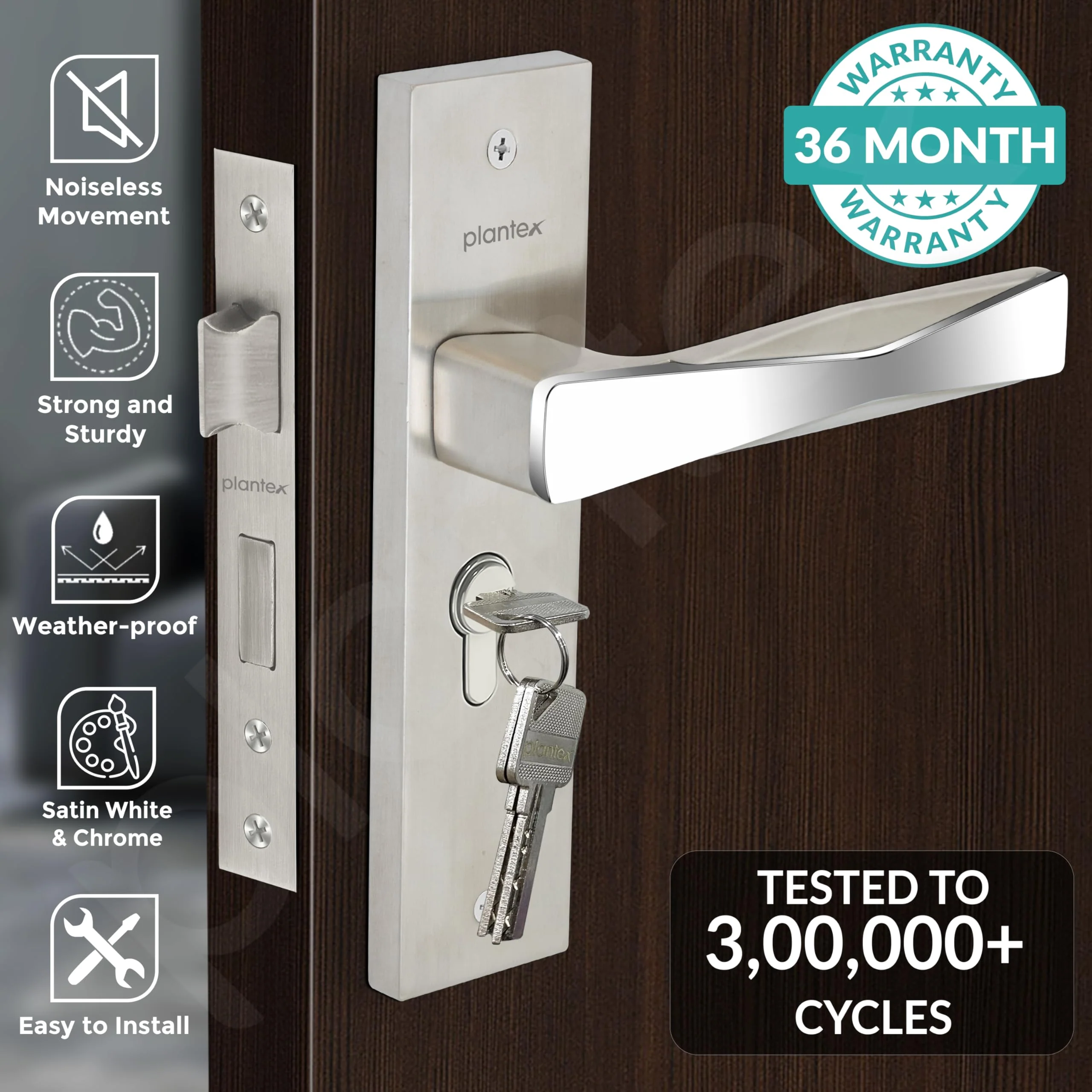 Plantex Heavy-Duty Door Lock Set - Main Door Lock Handle Set/Mortise Lock with 3 Keys, Brass Lockbody & Cylinder (8085 - Satin Steel & Chrome) - Image 2