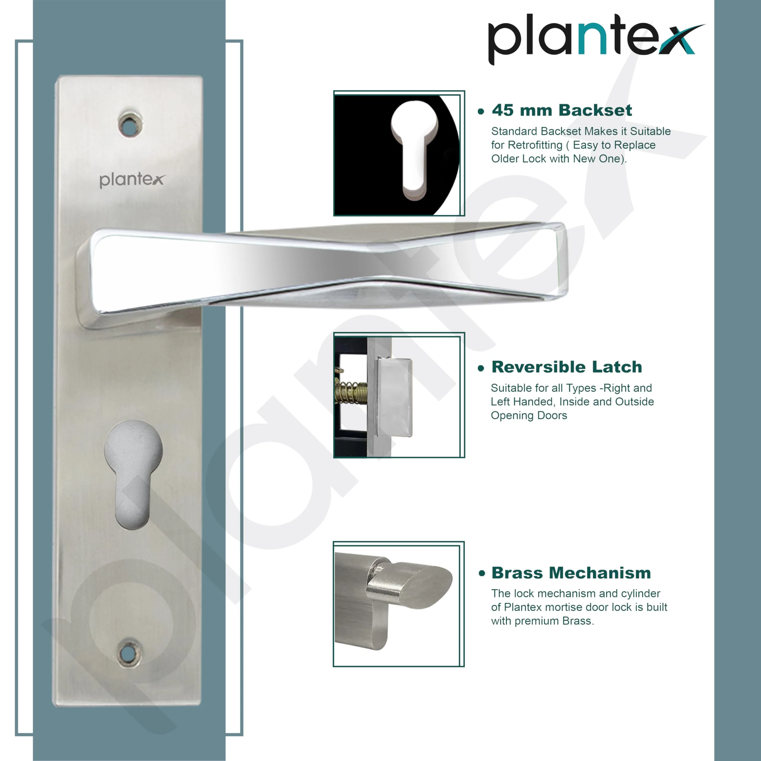Plantex Heavy-Duty Door Lock Set - Main Door Lock Handle Set/Mortise Lock with 3 Keys, Brass Lockbody & Cylinder (8085 - Satin Steel & Chrome) - Image 6