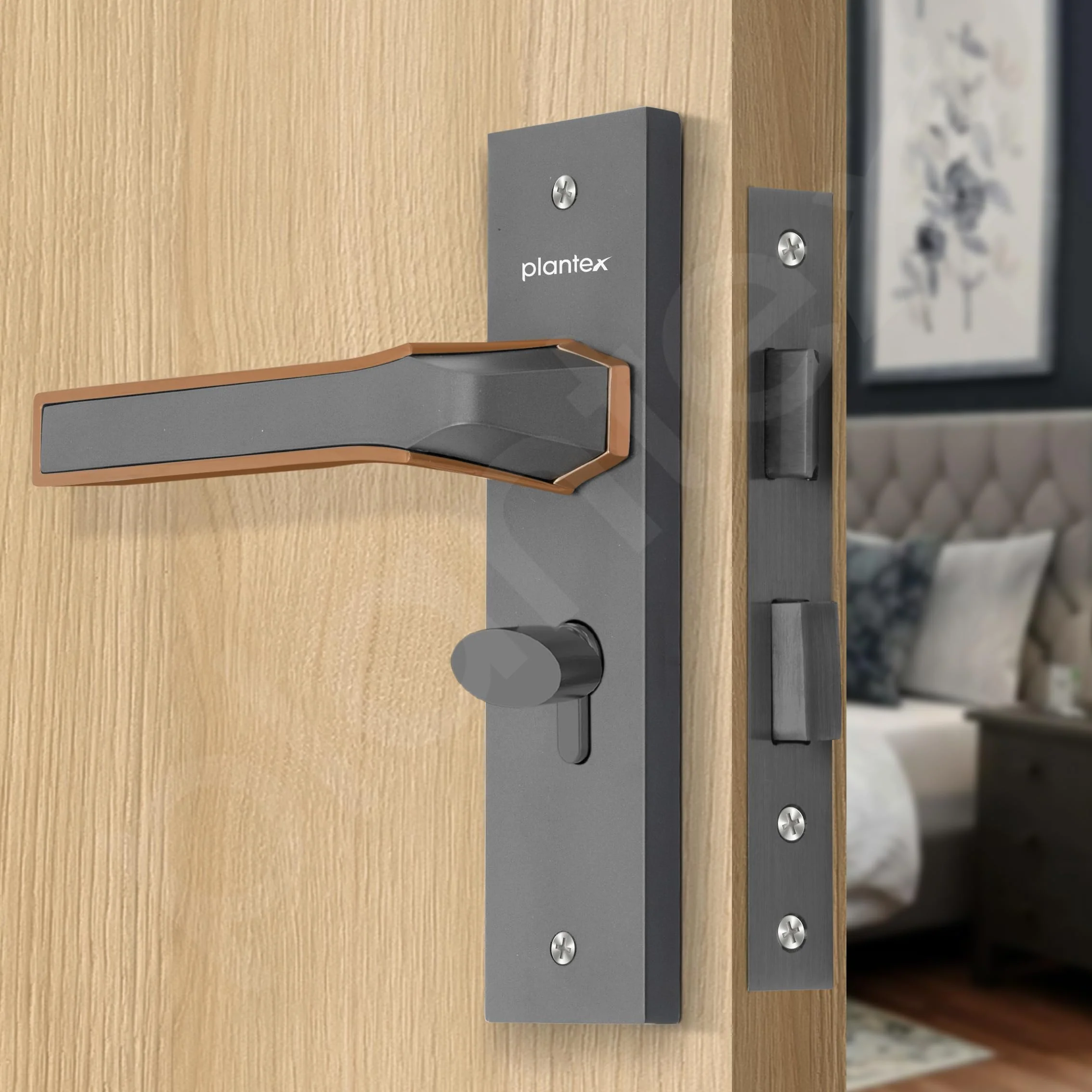 Plantex Heavy Duty Door Lock Set - Main Door Lock Handle Set/Mortise Locks with 3 Keys, Brass Body & Cylinder (8126 - Grey & PVD Choco) - Image 4