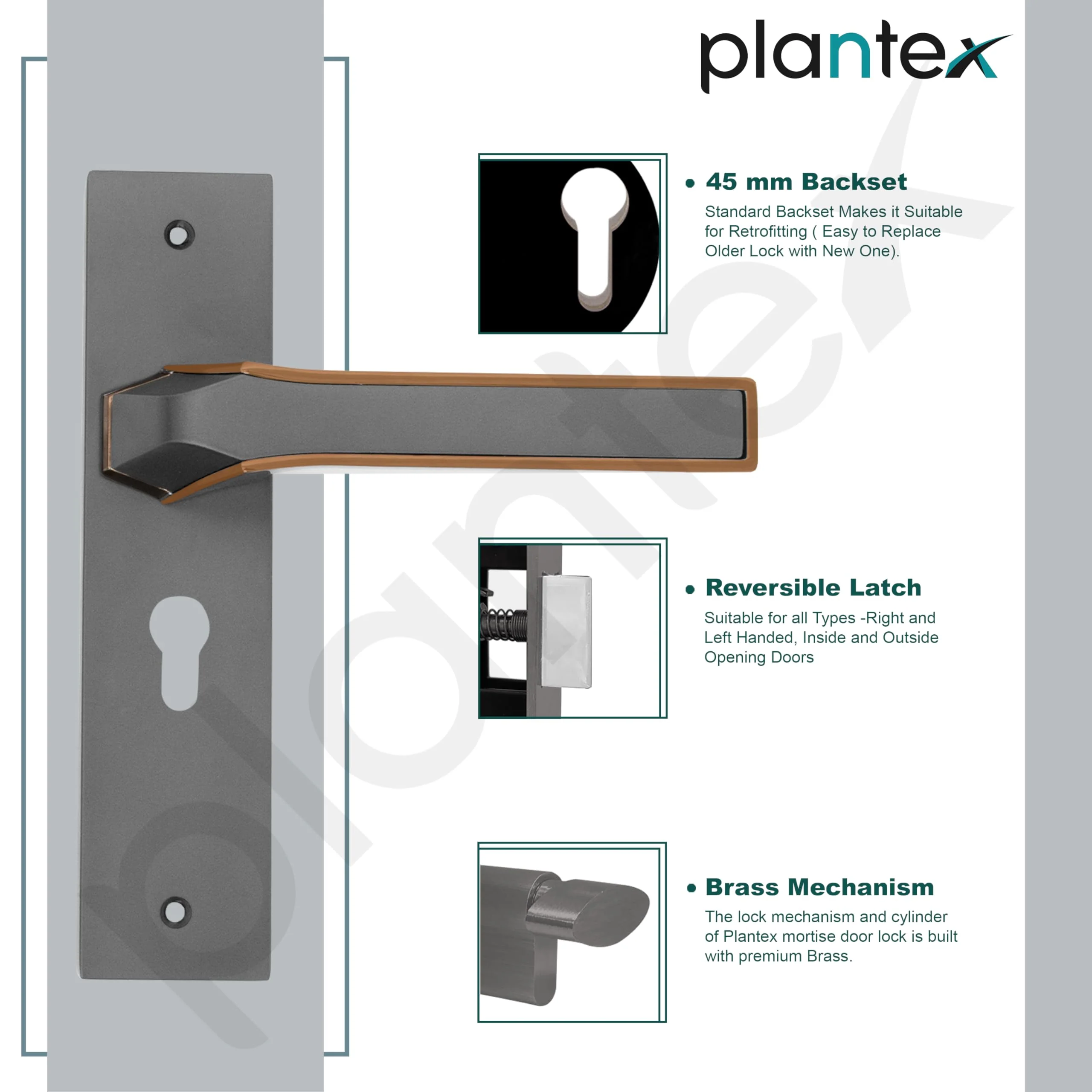 Plantex Heavy Duty Door Lock Set - Main Door Lock Handle Set/Mortise Locks with 3 Keys, Brass Body & Cylinder (8126 - Grey & PVD Choco) - Image 6