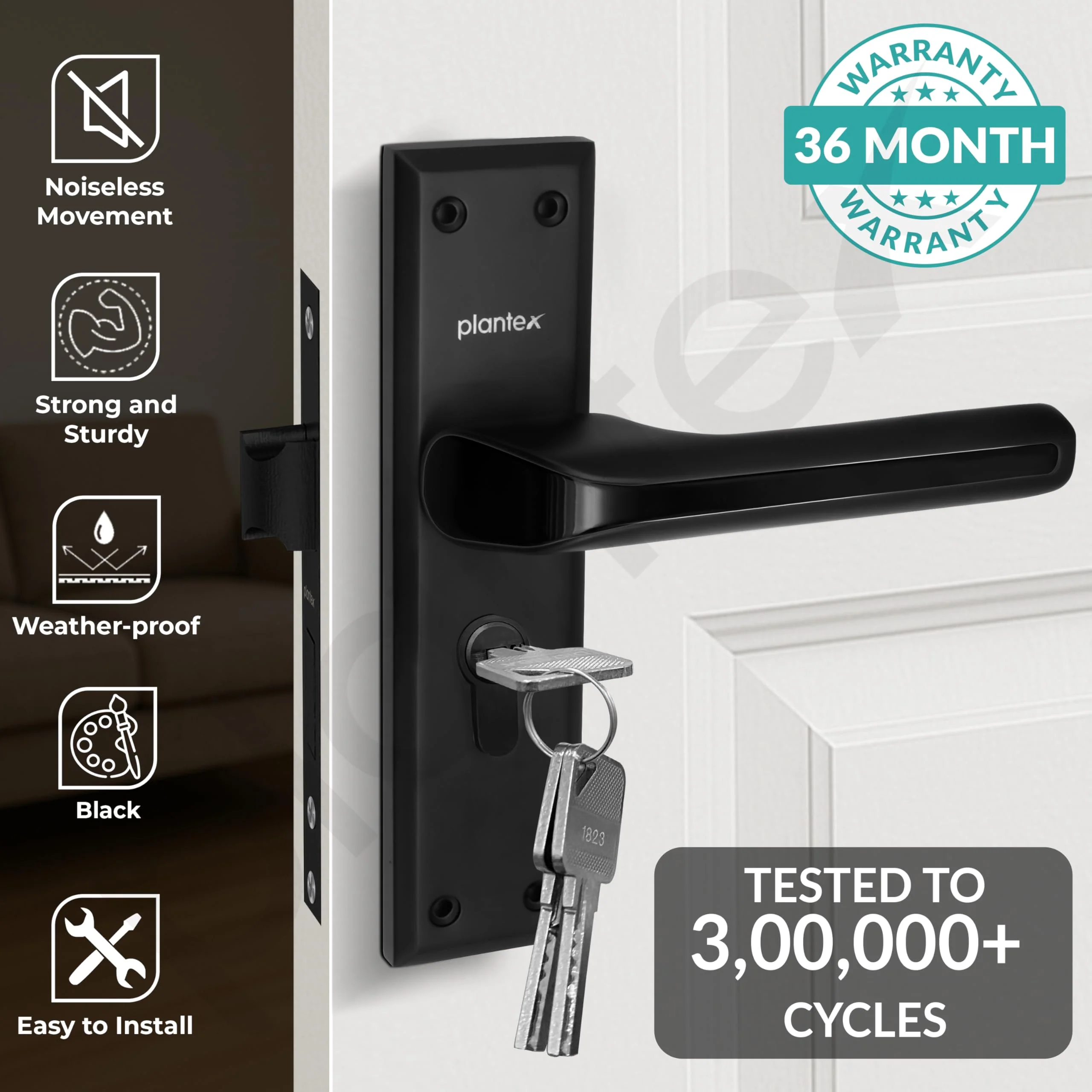 Plantex Heavy-Duty Door Lock Set - Main Door Lock Plate Handle Set/6-Lever Mechanism Mortise Locks with 3 Keys/Brass Locks Body & Cylinder (PTP-012- Black) - Image 2