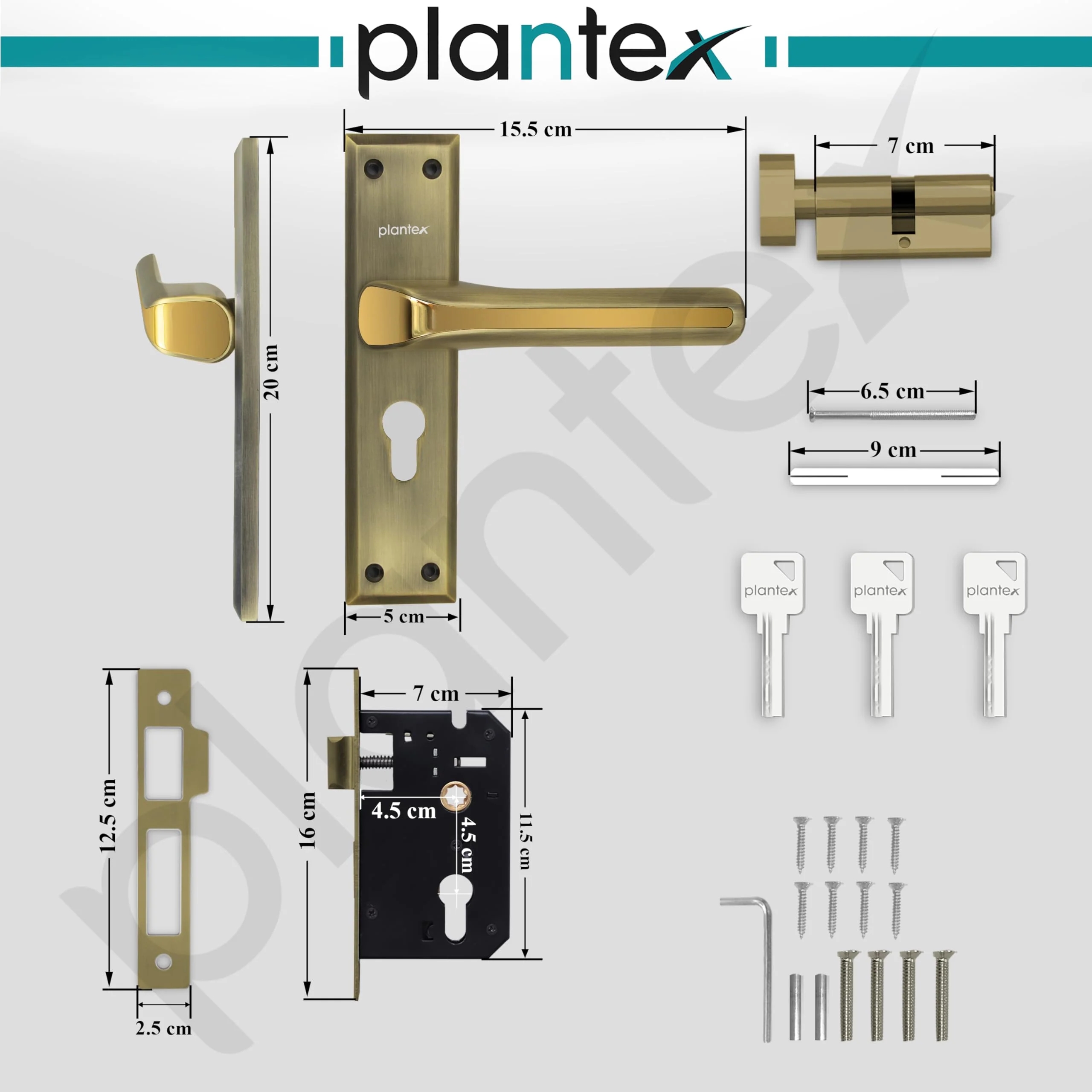 Plantex Heavy-Duty Door Lock Set - Main Door Lock Plate Handle Set/6-Lever Mechanism Mortise Locks with 3 Keys/Brass Locks Body & Cylinder (PTP-012- Brass Antique & Gold) - Image 3