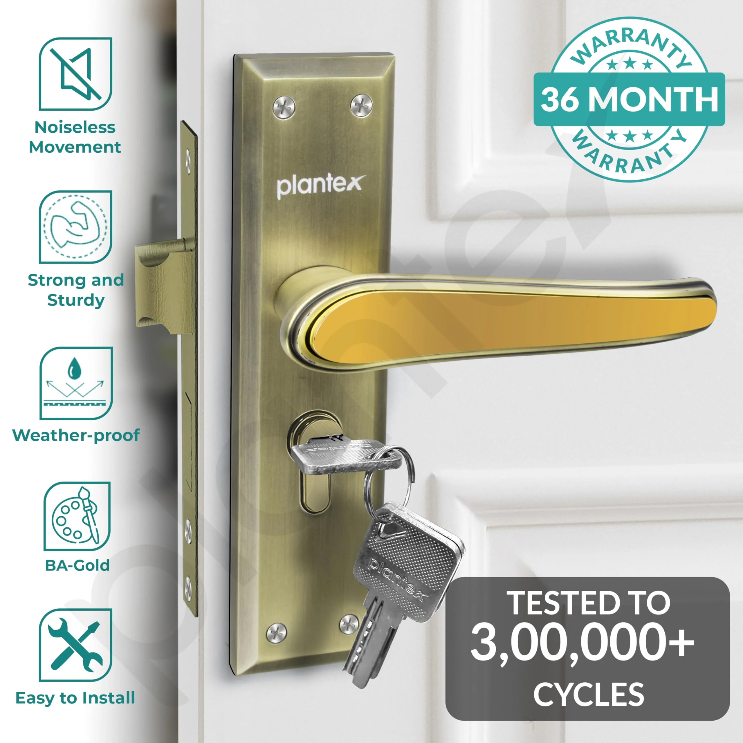 Plantex Heavy-Duty Door Lock Set - Main Door Lock Plate Handle Set/6-Lever Mechanism Mortise Locks with 3 Keys/Brass Locks Body & Cylinder (PTP-09 -Brass Antique & Gold) - Image 2