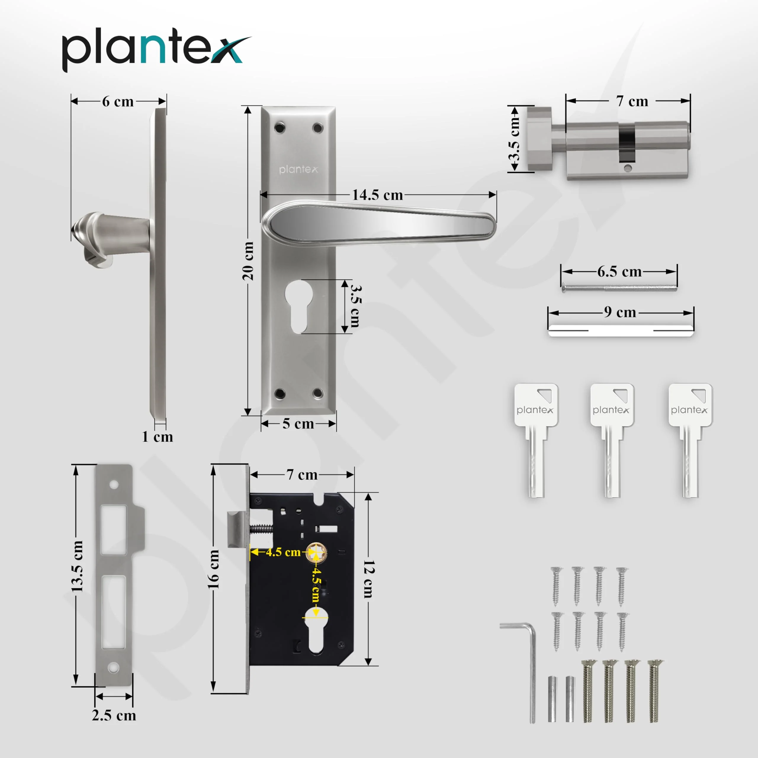Plantex Heavy-Duty Door Lock Set - Main Door Lock Plate Handle Set/6-Lever Mechanism Mortise Locks with 3 Keys/Brass Locks Body & Cylinder (PTP-09-Satin & CP) - Image 3