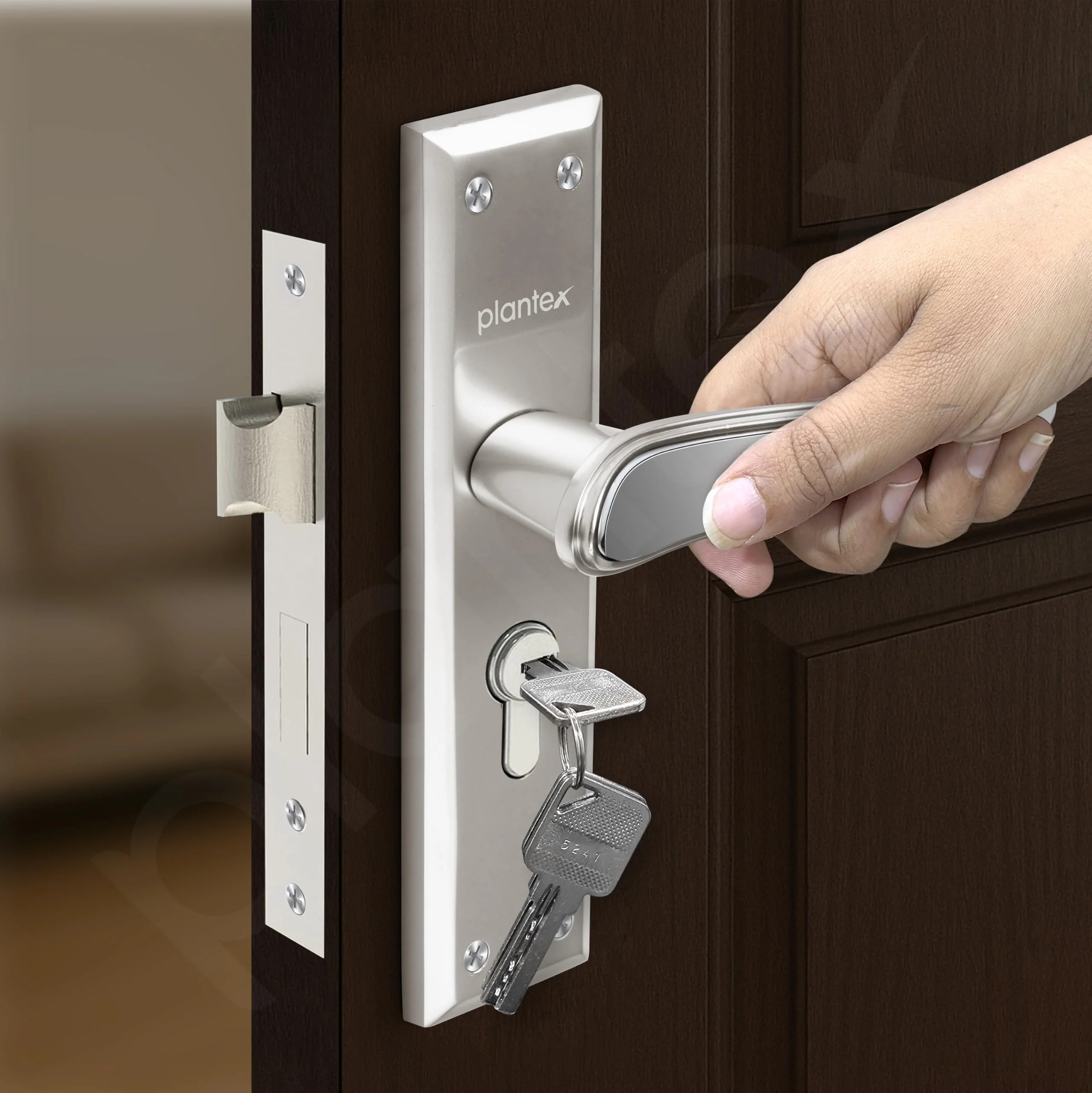 Plantex Heavy-Duty Door Lock Set - Main Door Lock Plate Handle Set/6-Lever Mechanism Mortise Locks with 3 Keys/Brass Locks Body & Cylinder (PTP-09-Satin & CP) - Image 7