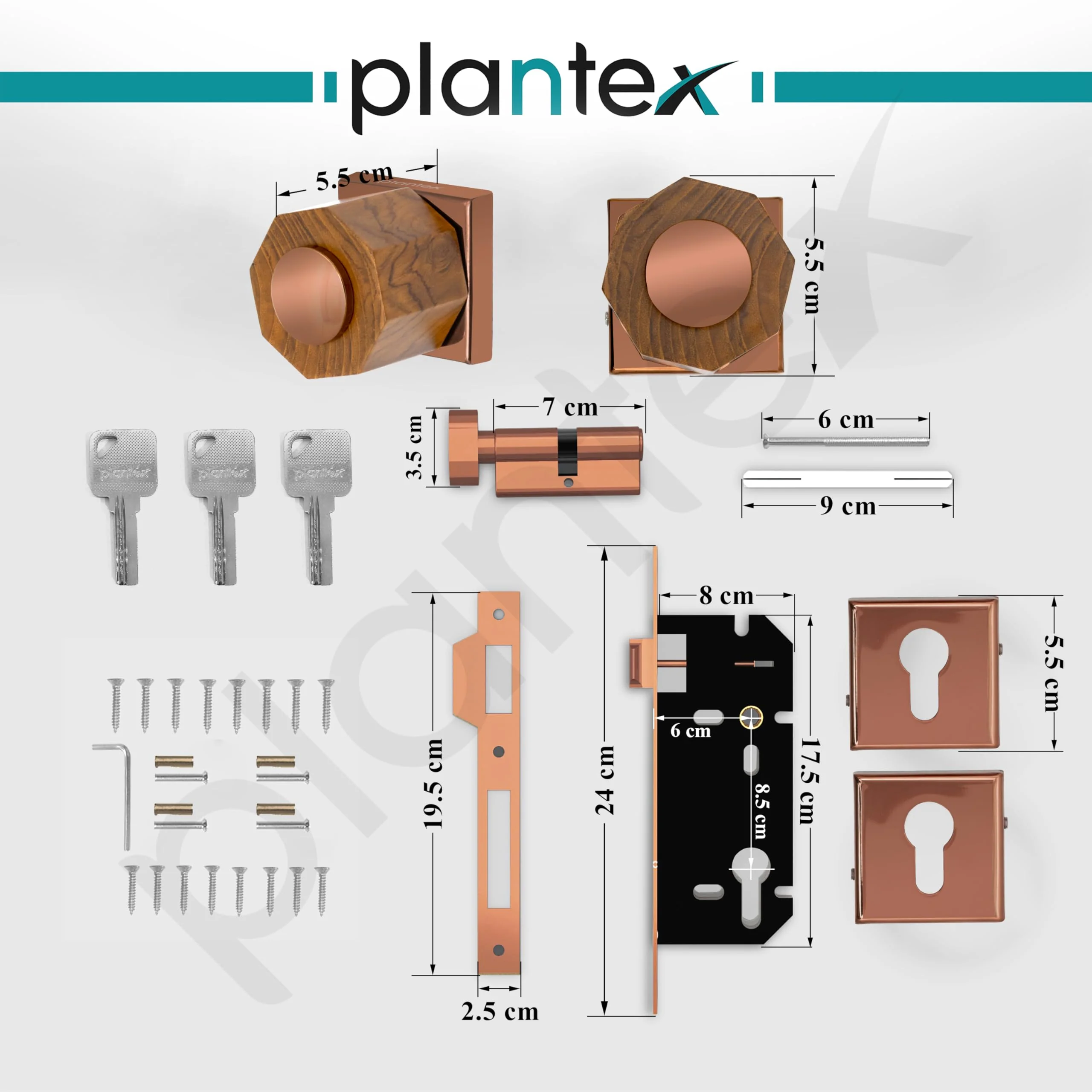Plantex Heavy Duty Door Lock/Stainless Steel and Wooden Main Door Mortise Lock Handle/Handle Set for Home/Office/Door Accessories (Rose Gold, Wooden) - Image 3