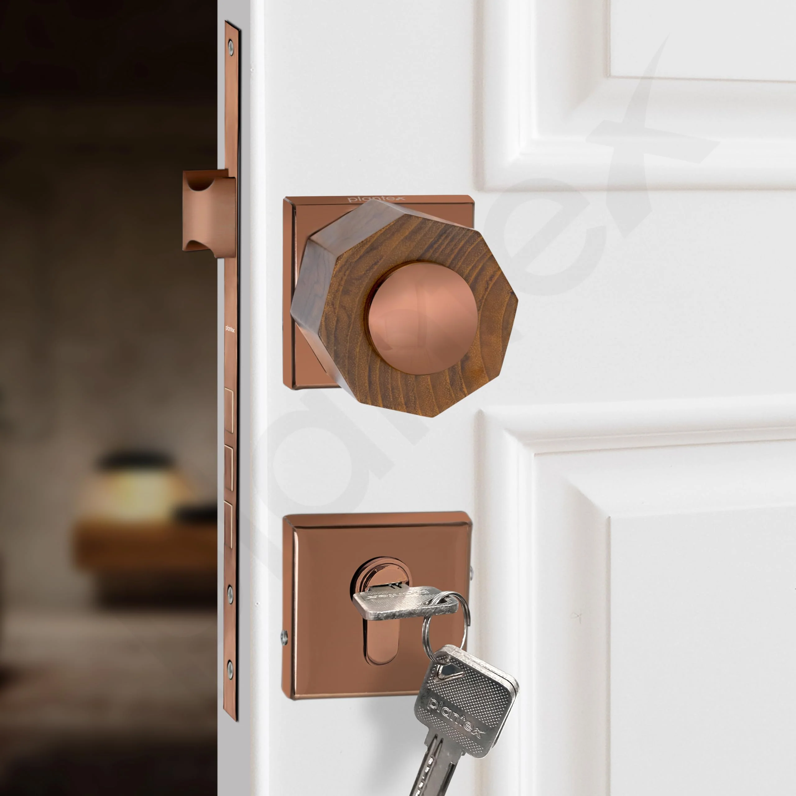 Plantex Heavy Duty Door Lock/Stainless Steel and Wooden Main Door Mortise Lock Handle/Handle Set for Home/Office/Door Accessories (Rose Gold, Wooden) - Image 6