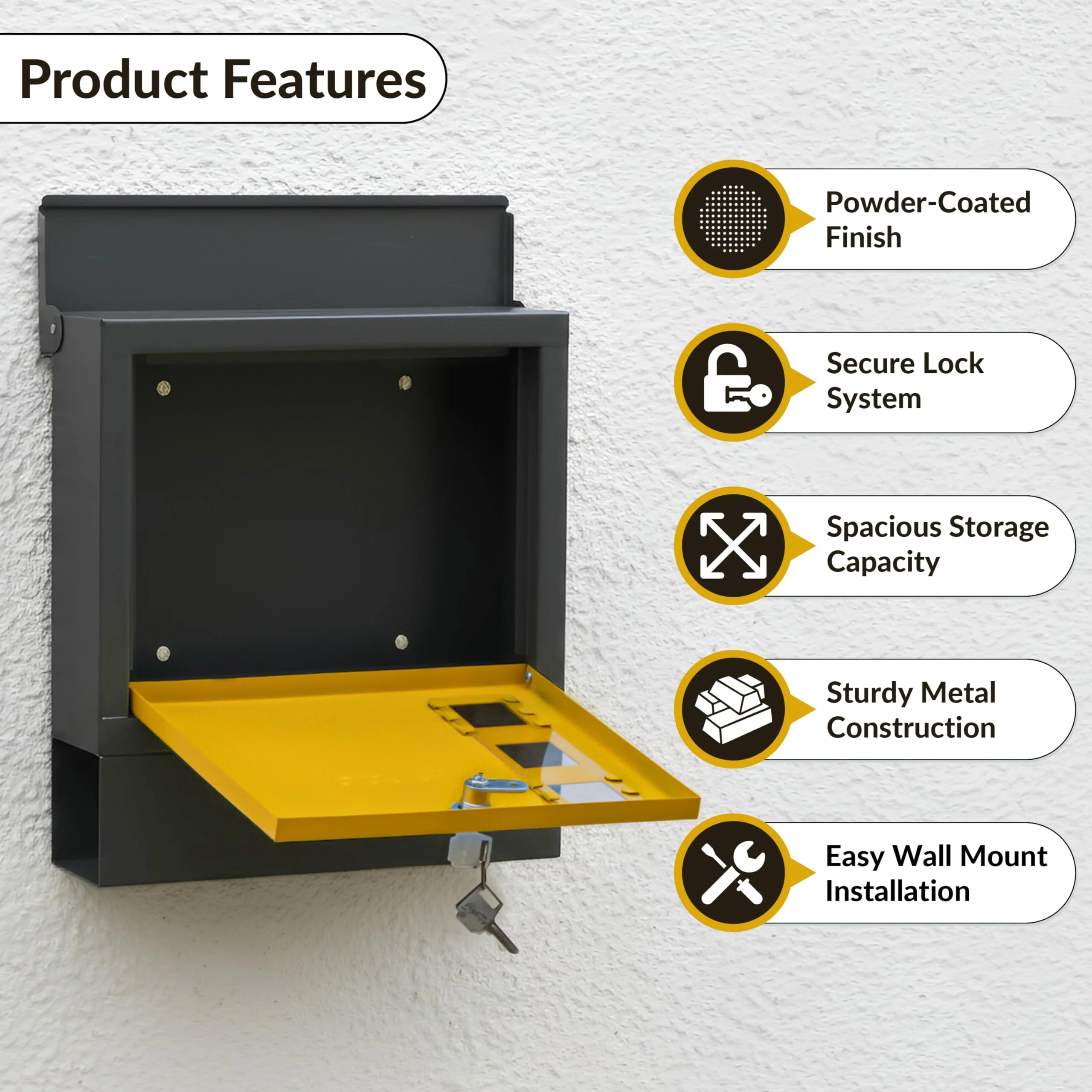 Plantex Heavy Duty GI Steel Letter Box/Suggestion Box/Wall Mount Mail with Magazine Holder/News Paper Holder Box for Home/Office/Hotel - (Yellow & Black) - Image 2