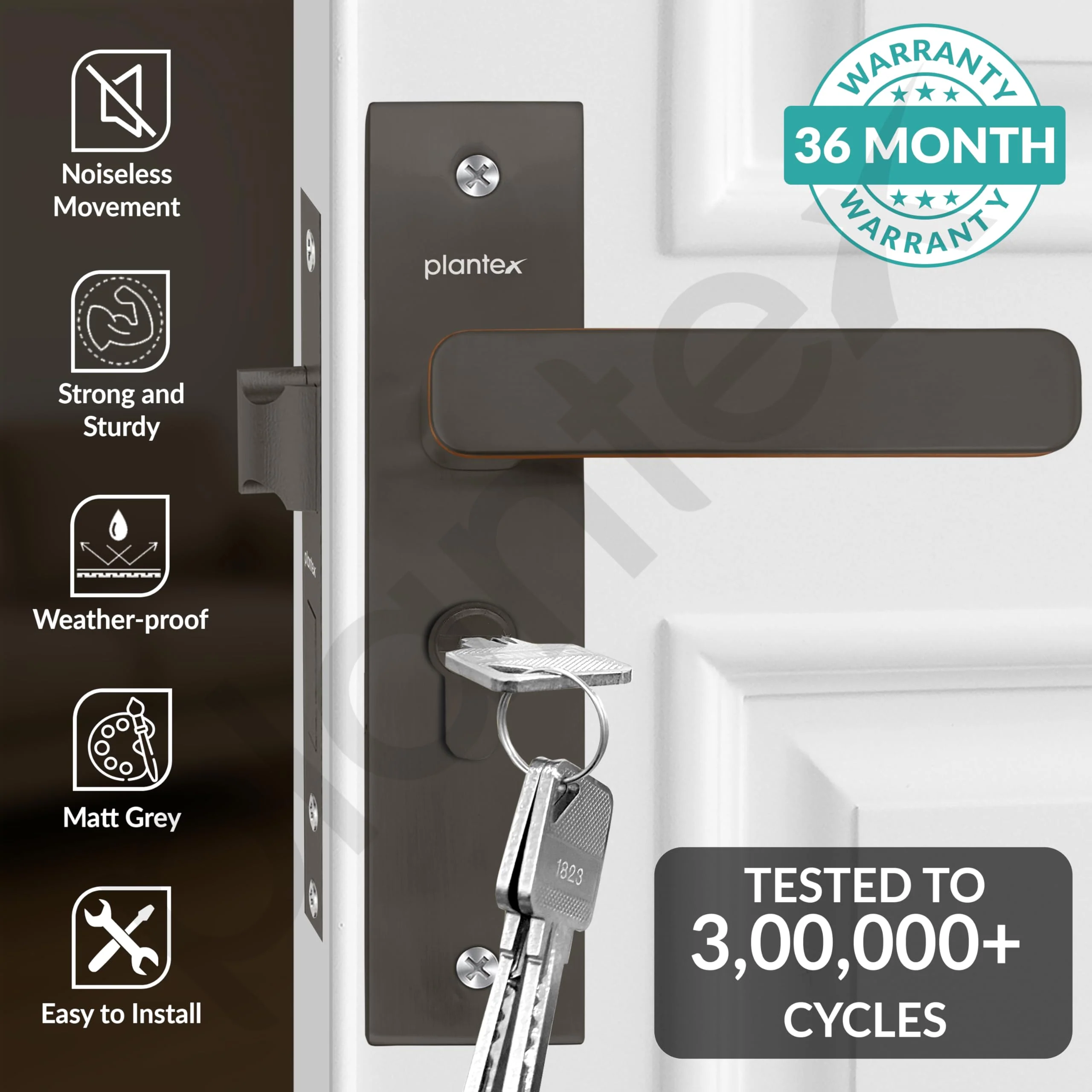 Plantex Heavy-Duty Main Door Mortise Lock Handle Set with 3 Keys, Brass Lock Body & Cylinder (8125 - Grey & PVD Choco) - Image 2