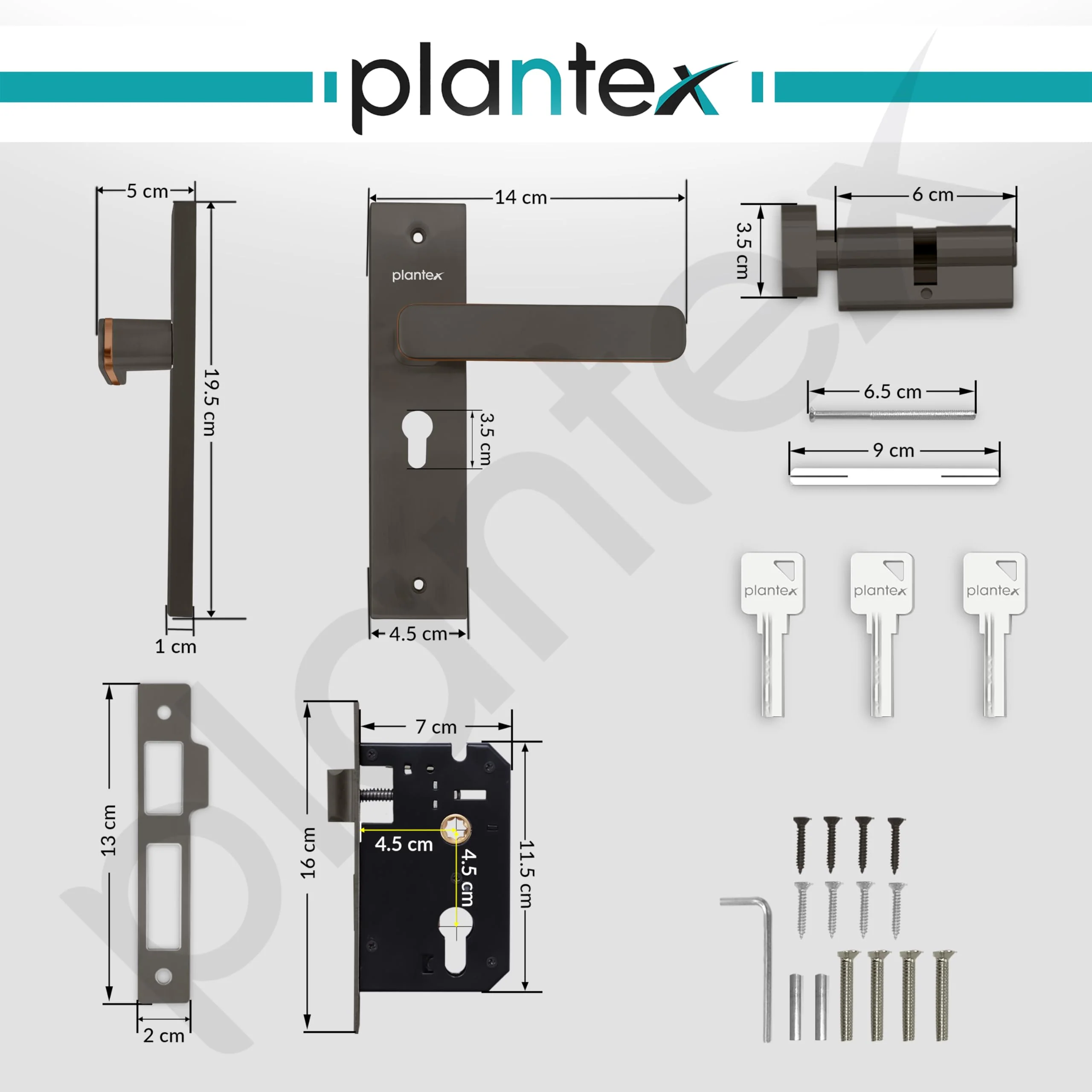 Plantex Heavy-Duty Main Door Mortise Lock Handle Set with 3 Keys, Brass Lock Body & Cylinder (8125 - Grey & PVD Choco) - Image 3