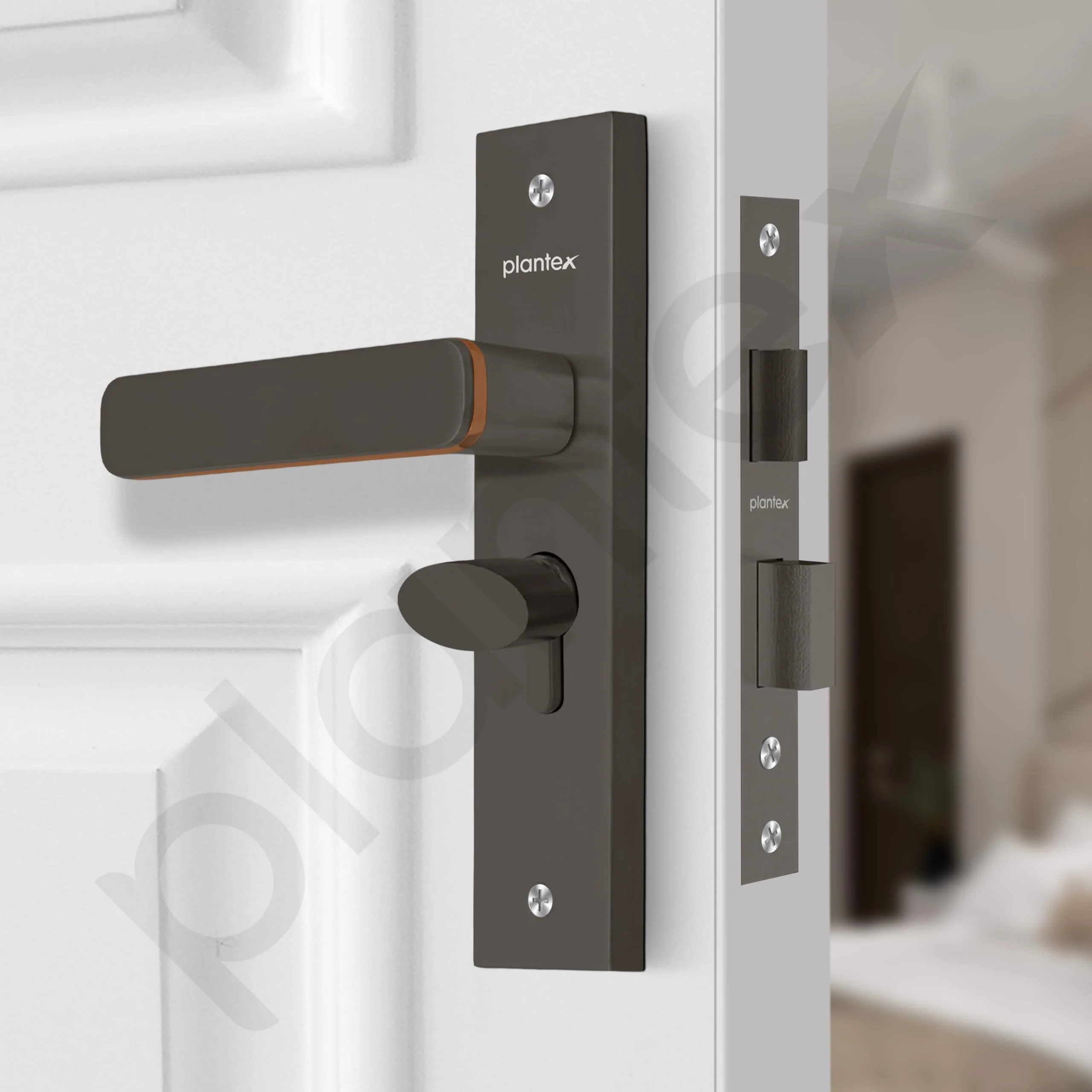 Plantex Heavy-Duty Main Door Mortise Lock Handle Set with 3 Keys, Brass Lock Body & Cylinder (8125 - Grey & PVD Choco) - Image 4