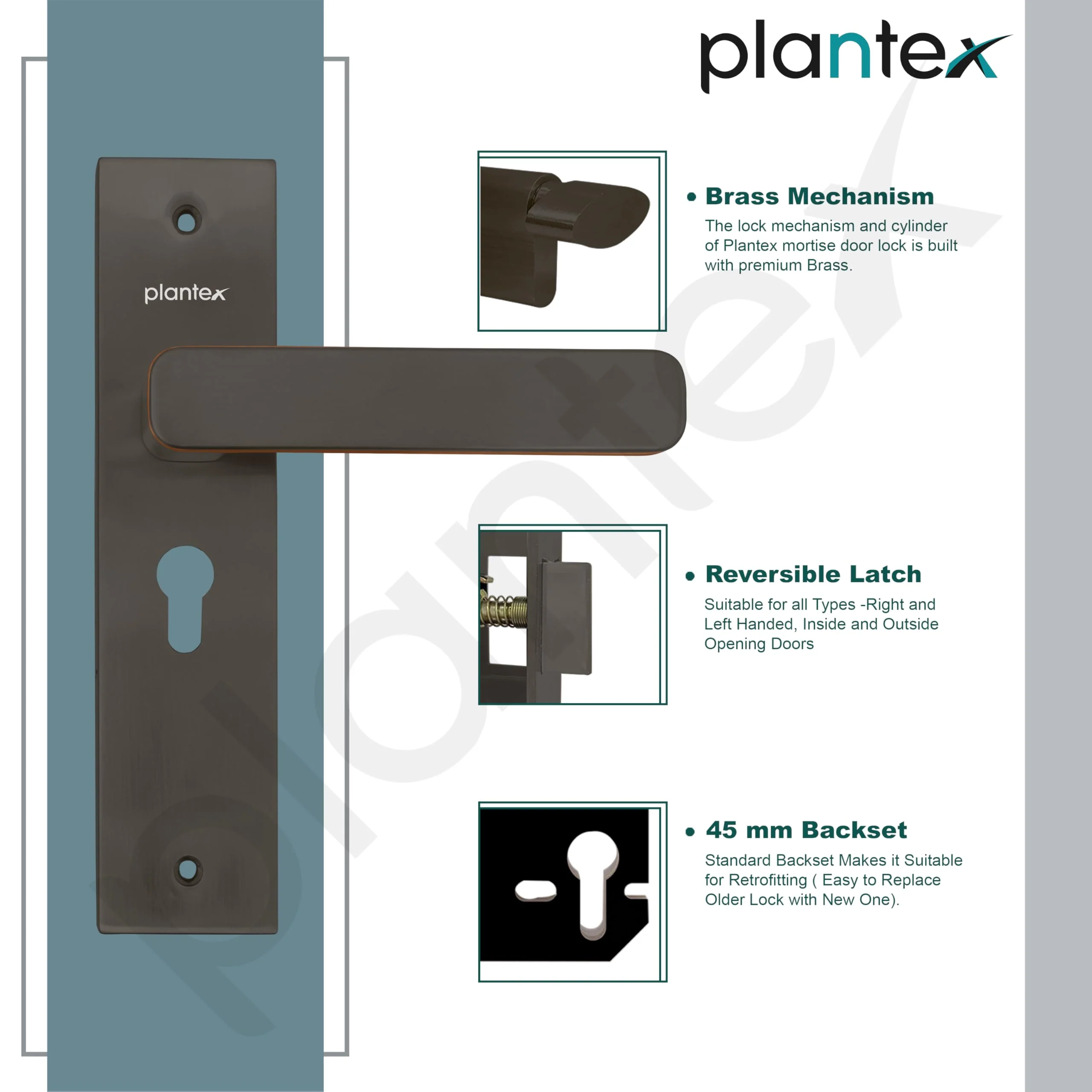 Plantex Heavy-Duty Main Door Mortise Lock Handle Set with 3 Keys, Brass Lock Body & Cylinder (8125 - Grey & PVD Choco) - Image 6