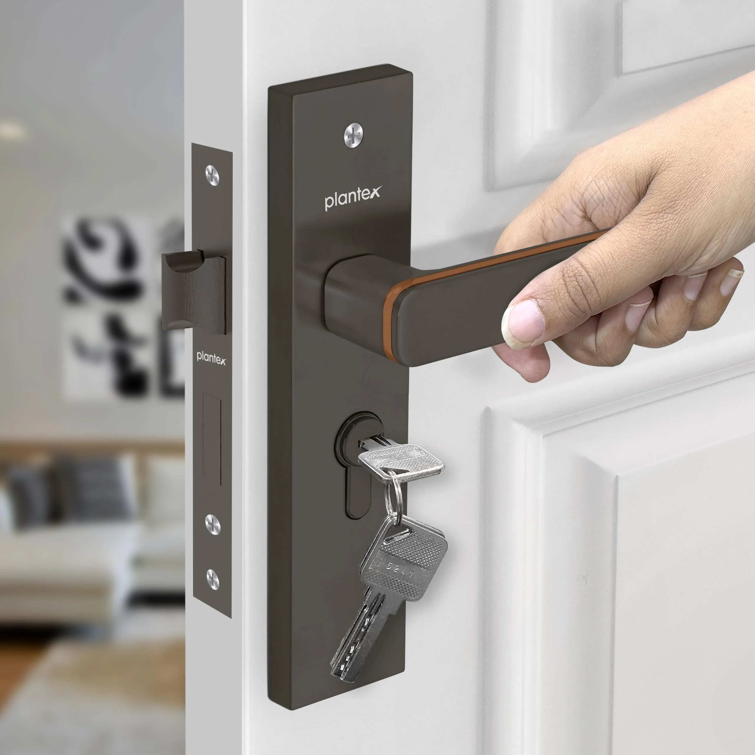 Plantex Heavy-Duty Main Door Mortise Lock Handle Set with 3 Keys, Brass Lock Body & Cylinder (8125 - Grey & PVD Choco) - Image 7