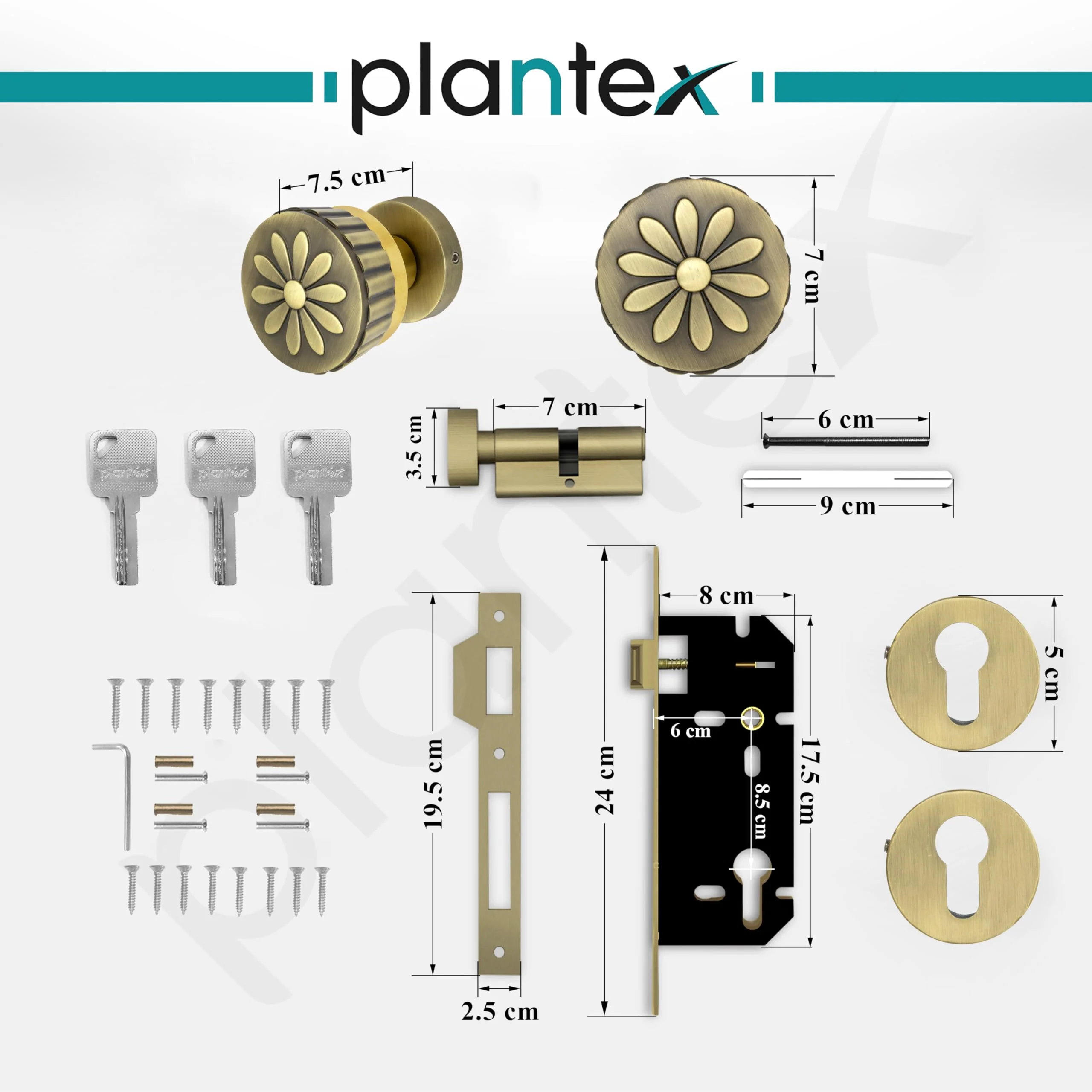 Plantex Heavy Duty Mortise Door Lock/Handle Set for Home/Office (Brass Antique & Gold) - Image 3