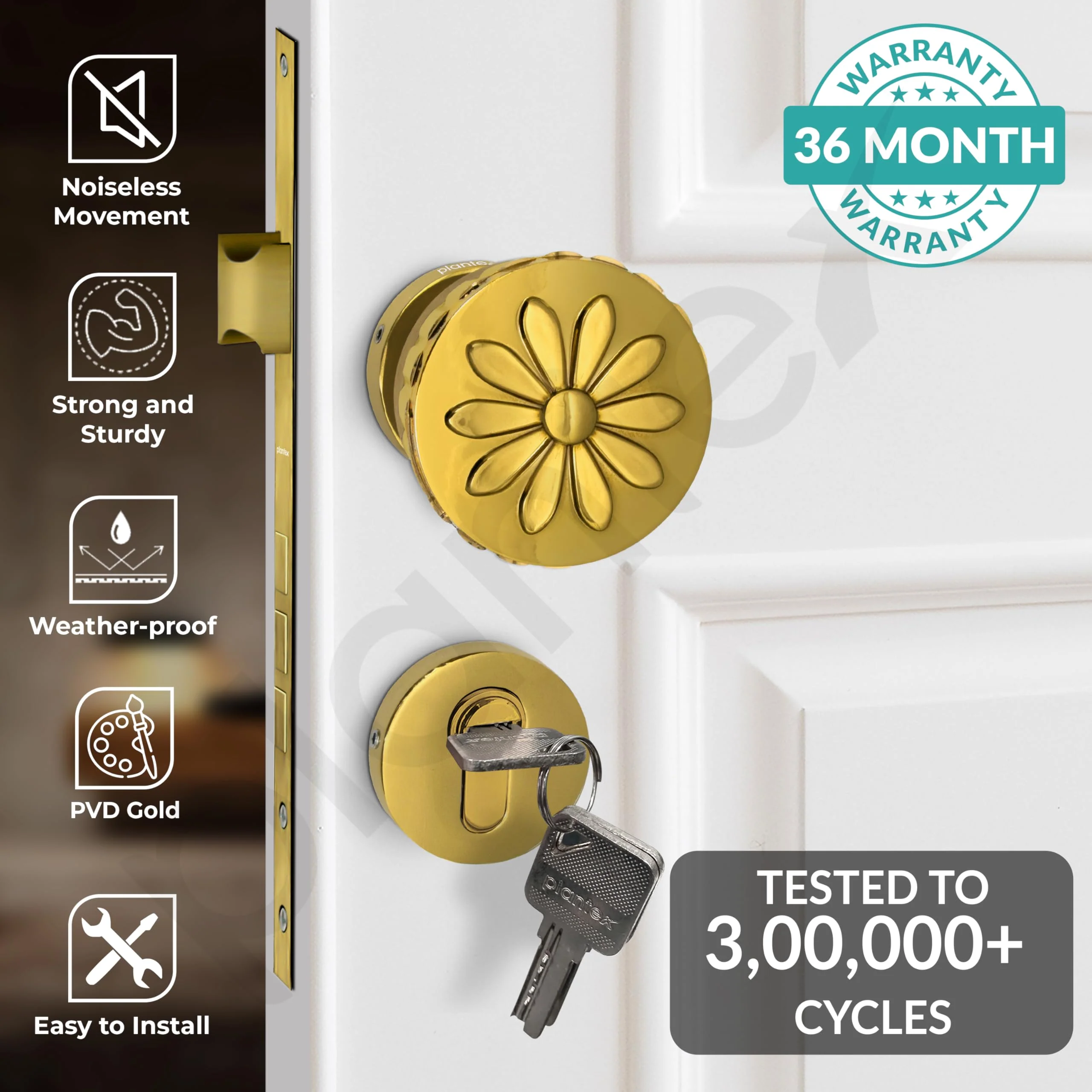 Plantex Heavy Duty Door Lock/Main Door Mortise Lock Handle/Handle Set for Home/Office/Door Accessories (Gold) - Image 2