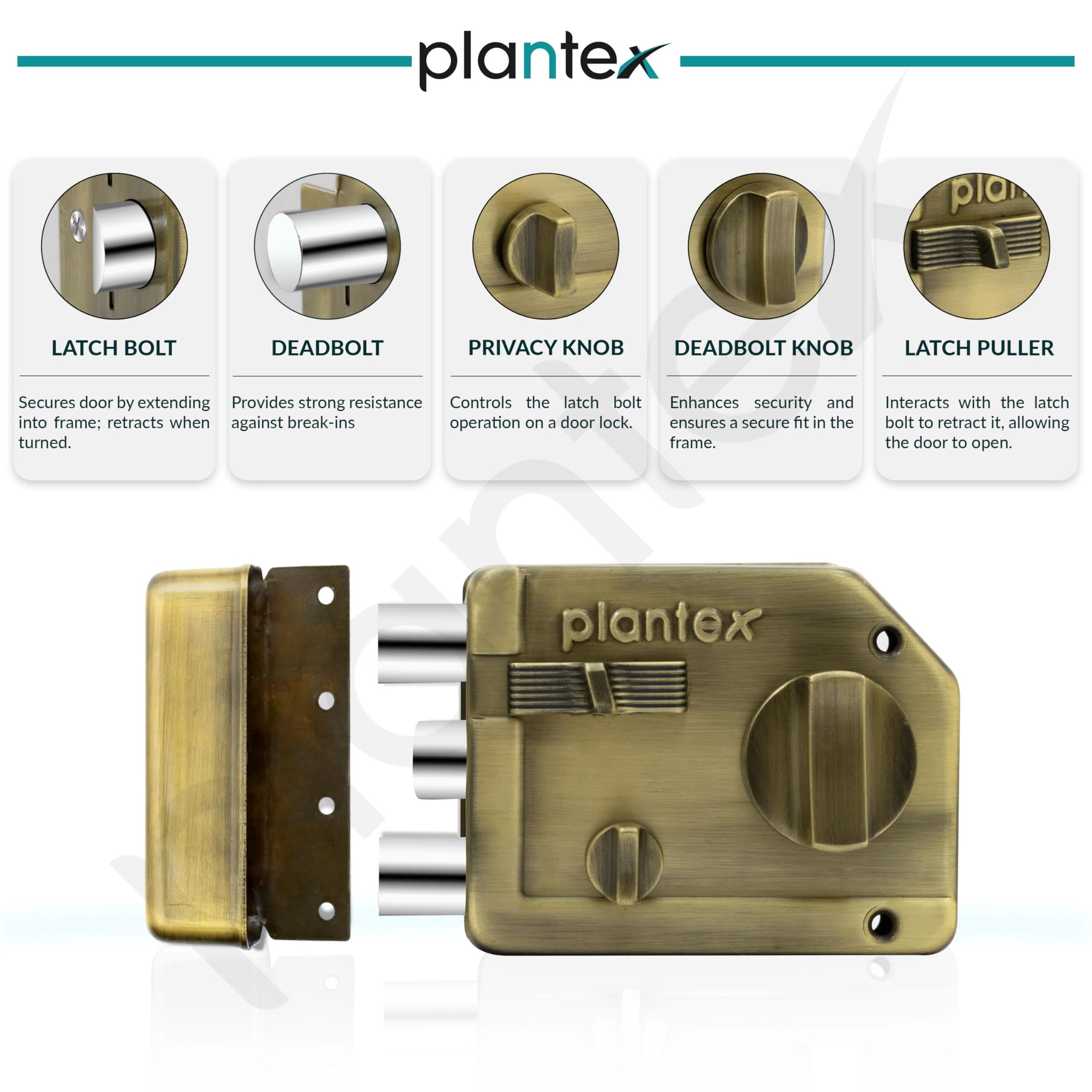 Plantex Heavy Duty Rim Locks for Main Door/Tri Bolt Lock for Main Door with 4 Keys/Suitable for Inside Opening Wooden Door - Pack of 1 (Brass Antique) - Image 3